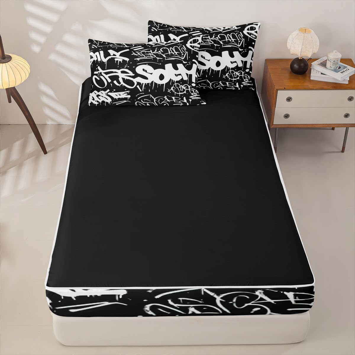 Erosebridal Black and White Graffiti Zipper Comforter | Minimalists Abstarct Twin Bedding for Kids Teens Adults Aesthetic Zipper Bed Set with Sheets Boho Modern Art Bed in a Bag Bedroom Decor