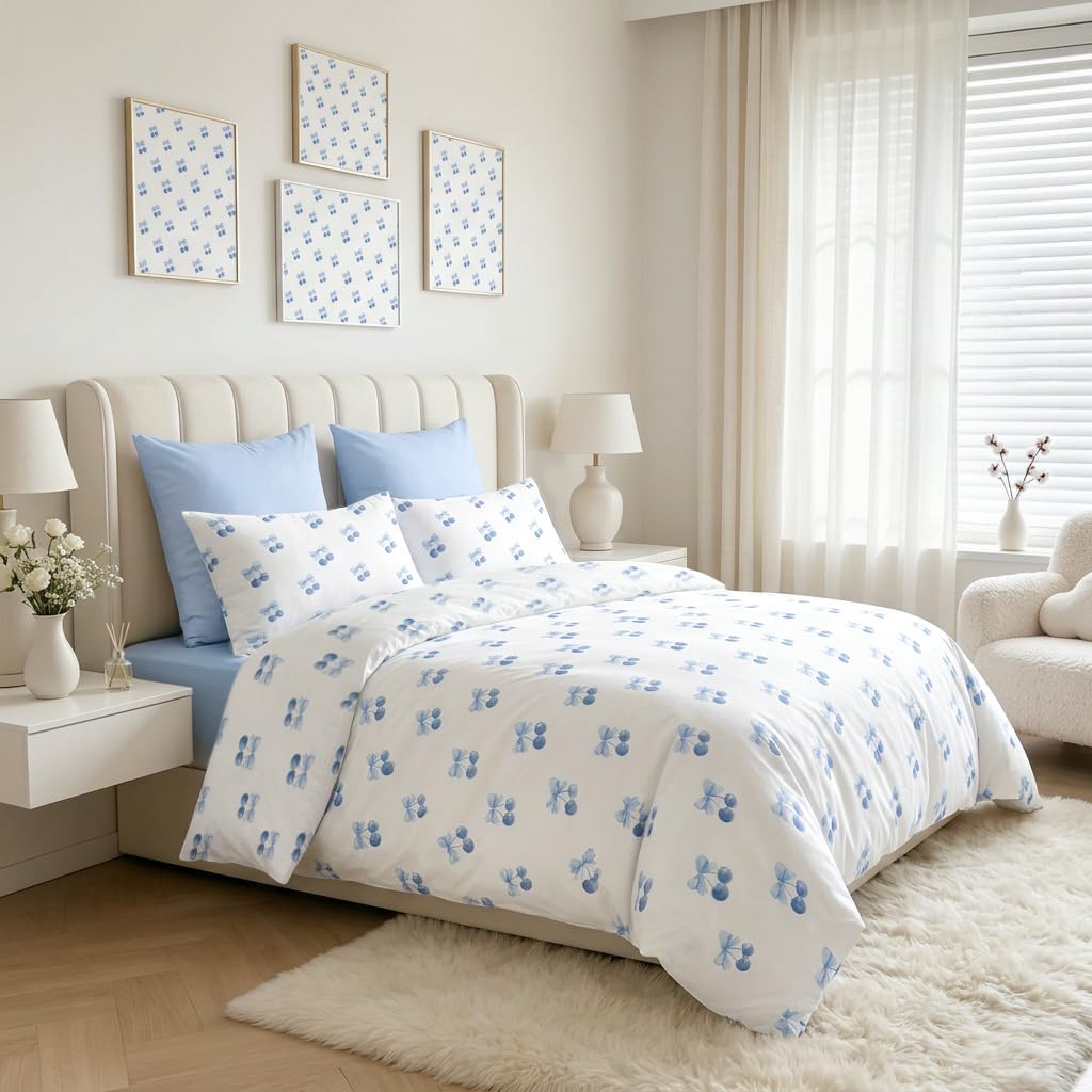 Sedefen Blue Cherry Duvet Cover Set, Light Blue Bow Bedding Set for Kids Boys Girls, Cute Cherry Soft Microfiber Reversible Duvet Cover for All Seasons