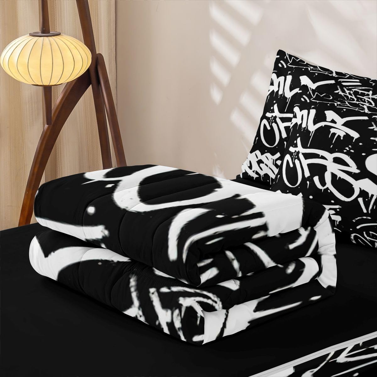 Erosebridal Black and White Graffiti Zipper Comforter | Minimalists Abstarct Twin Bedding for Kids Teens Adults Aesthetic Zipper Bed Set with Sheets Boho Modern Art Bed in a Bag Bedroom Decor