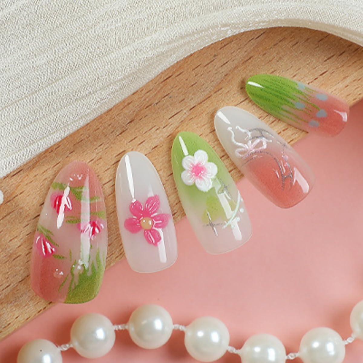 30Pcs Pink Flower Press on Nails Medium Almond Fake Nails with Bow Pearl Design 3D Full Cover Artificial Glue on Nails Spring Summer False Nails Cute Stick on Nails Handmade Nail Kit for Women