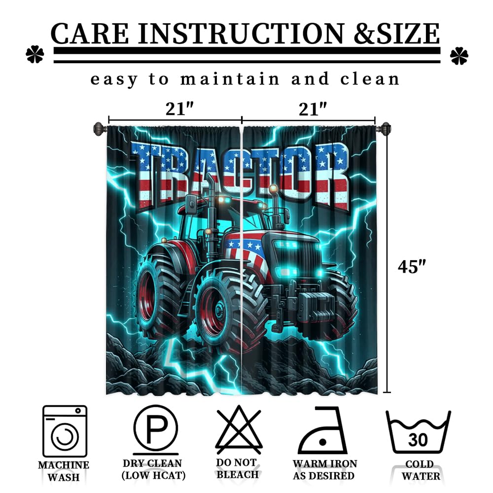 KuracleGH Cool Modern Tractor Curtains for Bedroom,Patriotic American Flag Room Darkening Blackout Window Treatment,Cartoon Sports Themed Truck Rod-Pocket Privacy Curtains,2pcs,Each 21“W x 45”L