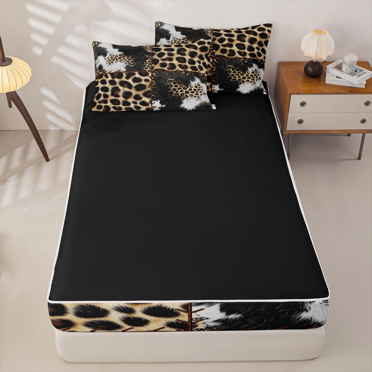 Feelyou Cow Fur Zipper Bedding Sets Kids Leopard Print Queen Comforter Set with Fitted Sheet Boys Girls Decor Western Farm Animal Skin Comforter Plaid Grid Black Yellow Bed in A Bag