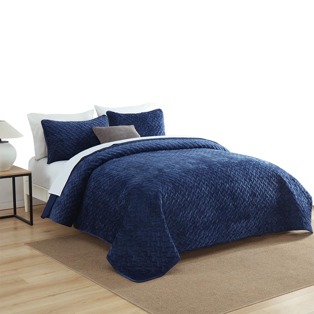 Liians Velvet Bedspread Quilt Bedding Sets,Luxury Elegant Ultra Soft Velvet Comforters Coverlet Blankets,Weave Stitching Pattern Cotton Quilted Bedspread for All Seasons,Navy Blue,King Size