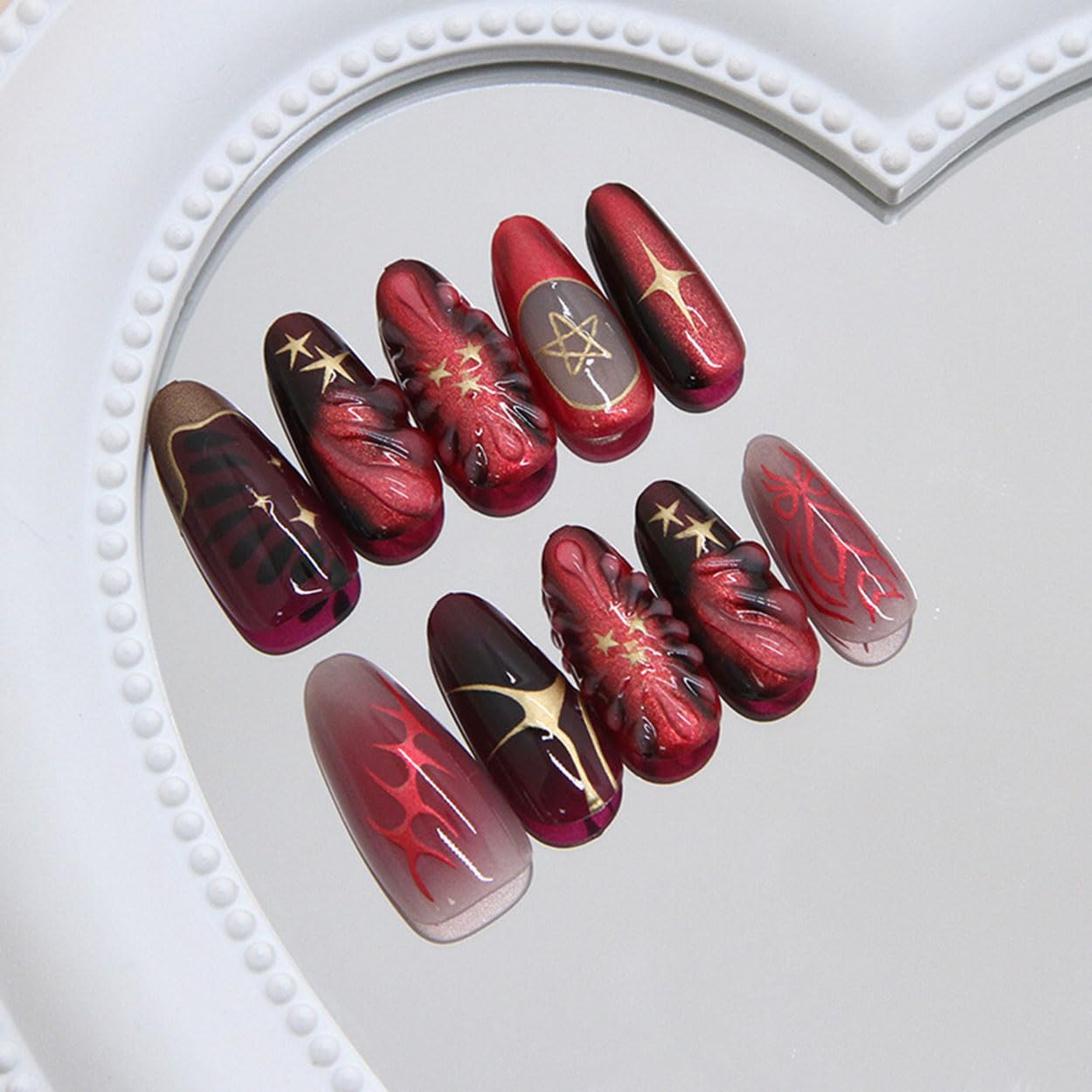 Press on Nails Almond Medium Red Fake Nails French Tip False Nails Press ons with Starburst Design Glue on Nails Artificial Acrylic Nail Art Glossy Full Cover Stick on Nail Supplies for Women 24Pcs