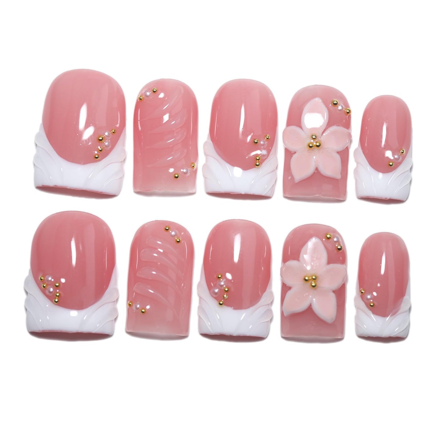 EasierGlow 10Pcs Handmade Short Square Press On Nails | Easy Apply & Remove, Reusable Salon Quality Nails | Pink Press Ons with White French Tips, 3D Floral & Gold Bead Accents (Y213, S)