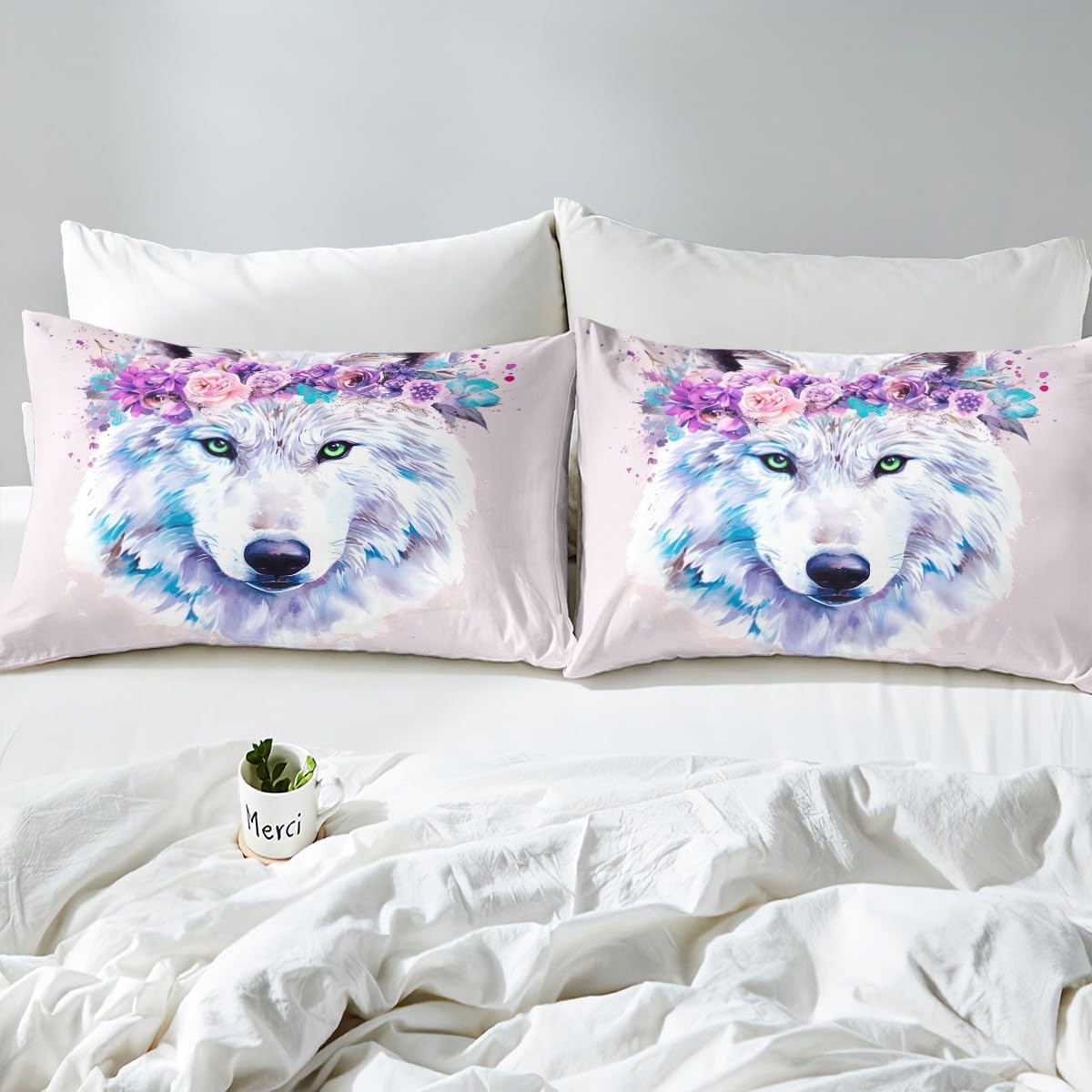 3D Wolf Bedding Set, with Green Eyes Wild Animal Blooming Flower Splash Watercolour Tie Dye Fitted Sheet, Decorative 2 Piece Sheet Set with 1 Pillow Sham, Twin Size, Black White