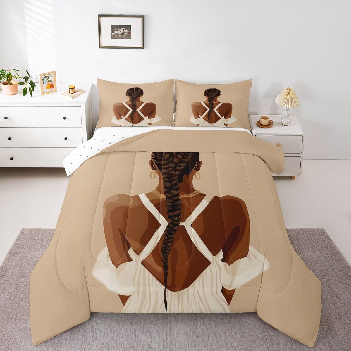jejeloiu Black Girl Bedding Set Soft for Boys Girls, African American Black Women Comforter Set Toddler Size Fashion Duvet Quilt Microfiber Bedroom Decor 2 Pcs with 1 Pillow Cases