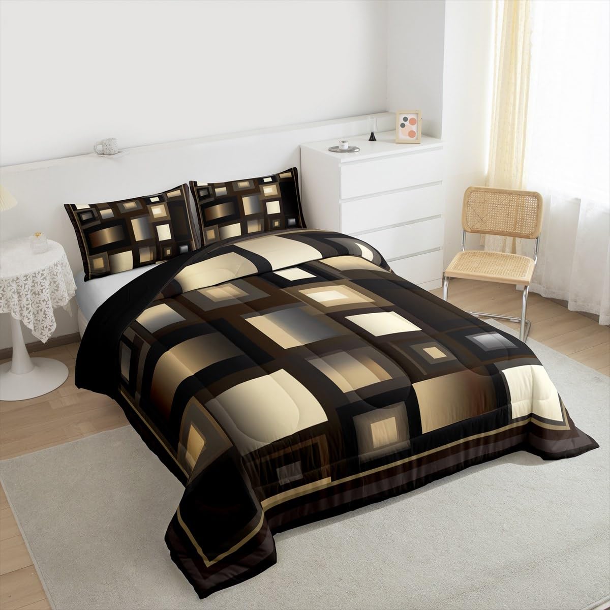 Castle Fairy Modern Comforter Set Queen Size,Brown White Khaki Square Bedding Set for Kids Boys Girls Bedroom Decoration,Abstract Grid Art Bed Duvet Insert,Geometric Comforter with 2 Pillowcase
