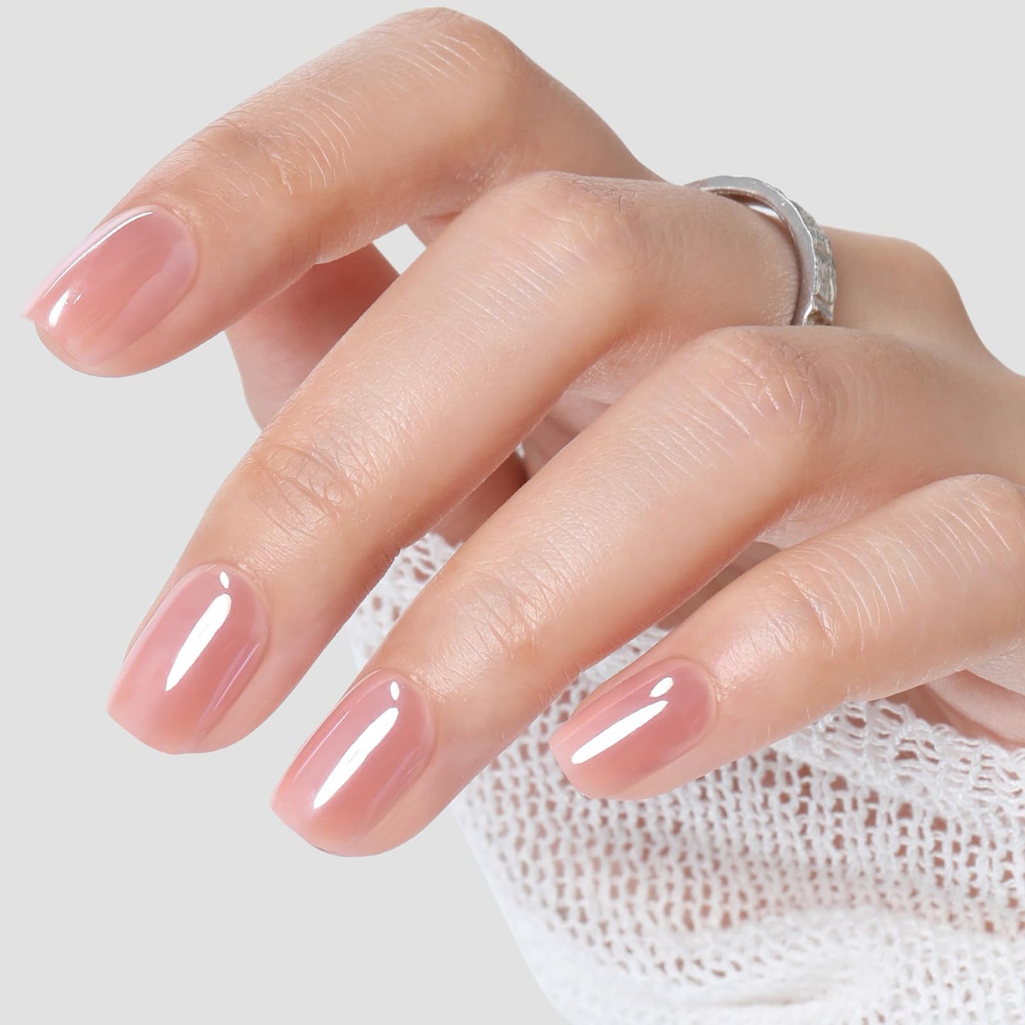 UNA GELLA Chrome Nude Press On Nails: Short Square Soft Gel Press Ons Kit with Nail Tips Glue on Nails, 16 Sizes - 32 Reusable Chrome Holographic Fake Nails Kit, Nude Pink