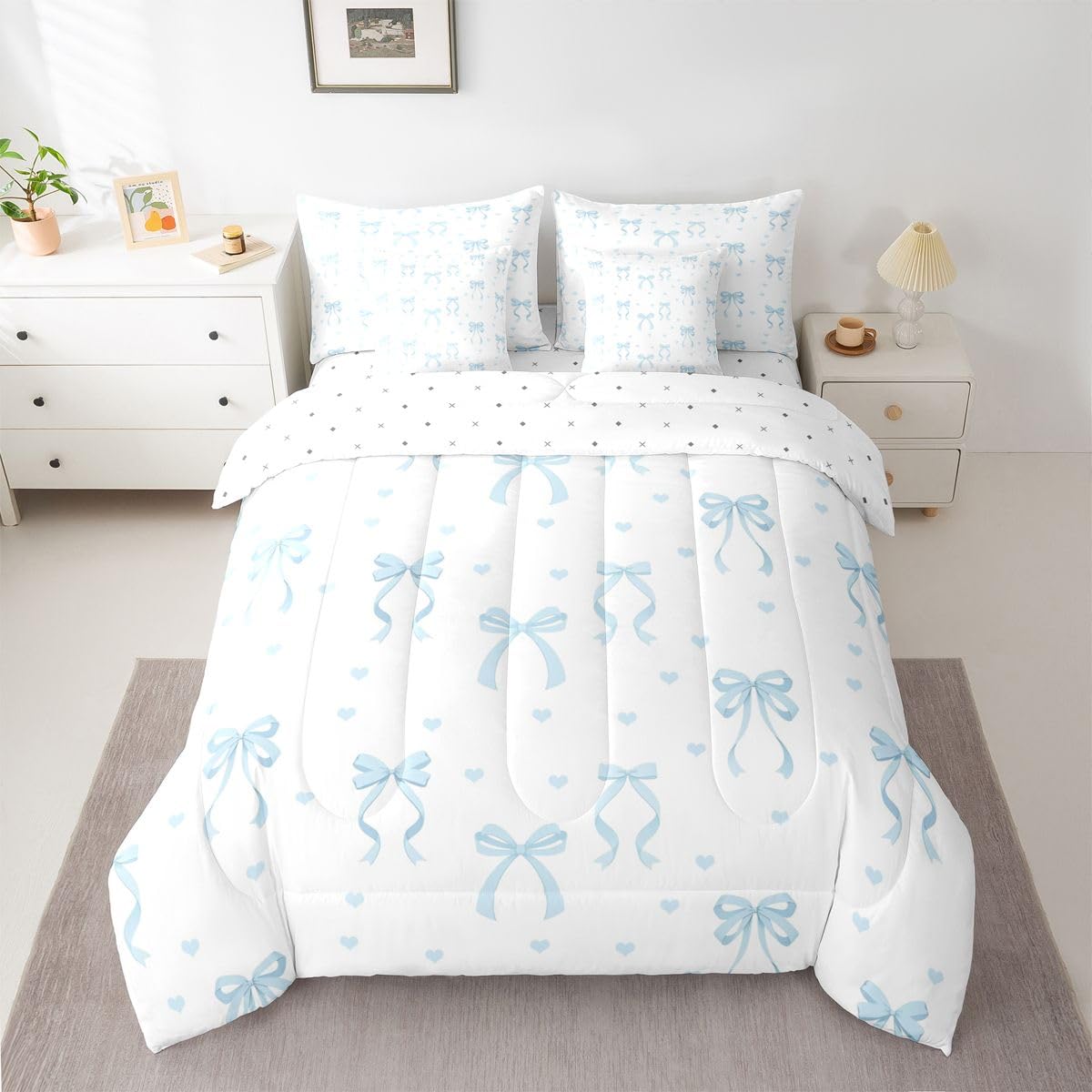 Erosebridal Princess Bowknot 7 Piece Bedding Set Full Ribbon Bow Comforter Set with Sheets Bow Tie Bed in A Bag Princess Bed Sets with 2 Pillowcases, 2 Throw Pillow Covers