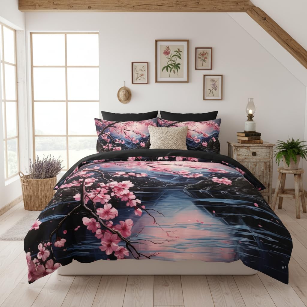 CCoutueChen Cherry Blossoms Bedding Set Queen Size, Black Pink Japanese Comforter Set for Girls, 3Pcs Soft Microfiber Quilted Set with 2 Pillowcases, 90"x90"
