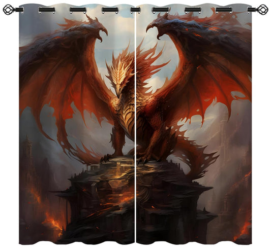 18TH CROZY Dragon Blackout Curtains for Girls Boy Home Decor, Medieval Fantasy Magical Red Animal Grommet Thermal Insulated Drapes Darkening Window Curtain for Bedroom Living Room, 42 x 45 Inch