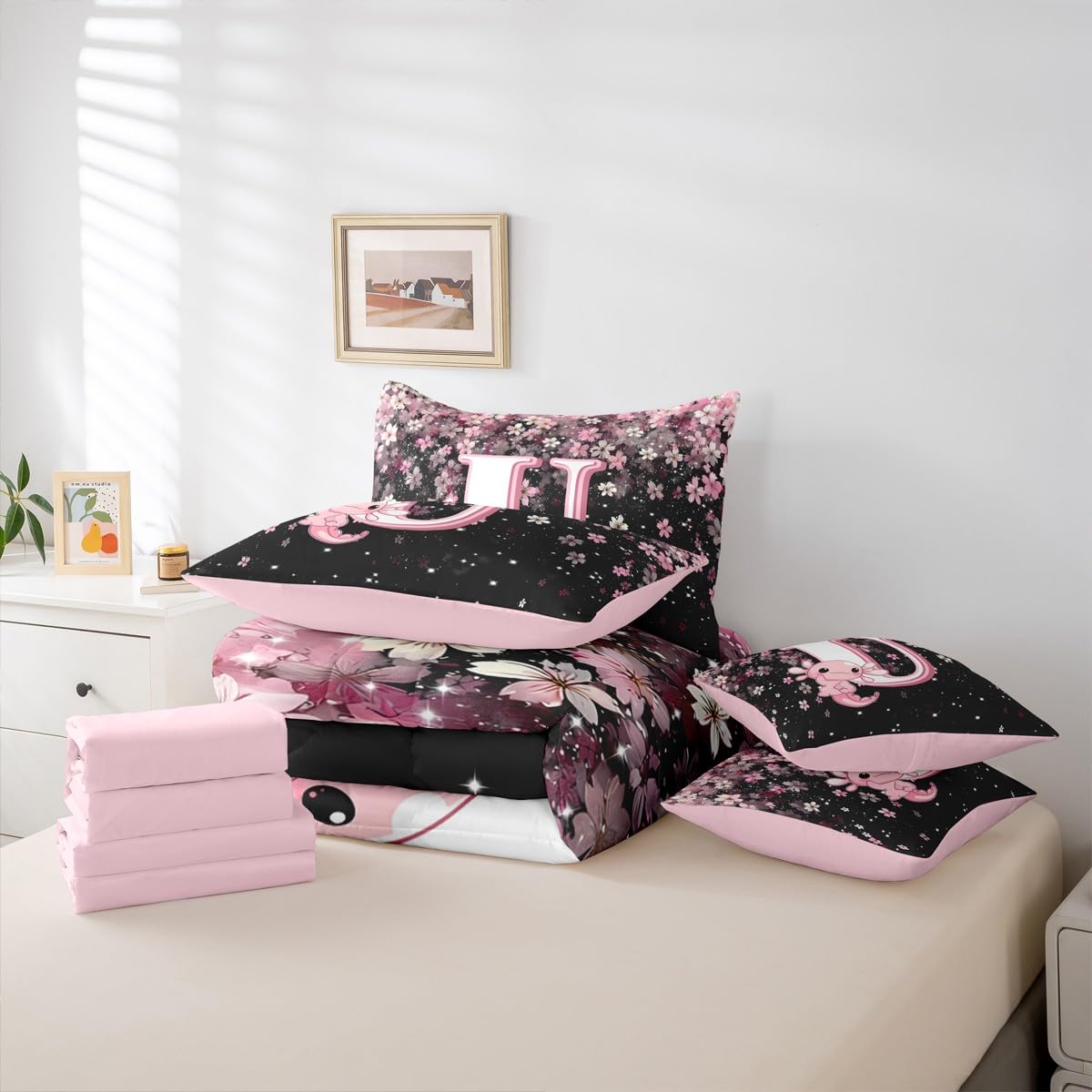 Erosebridal Pink Axolotl Bedding Set for Teen Girl (Pink Black,7Pcs,Twin Size) - Cute Initial Letter U Bed in A Bag Cherry Blossom Comforter Set Girly Preppy Cute Axolotl Quilt with Initial Design