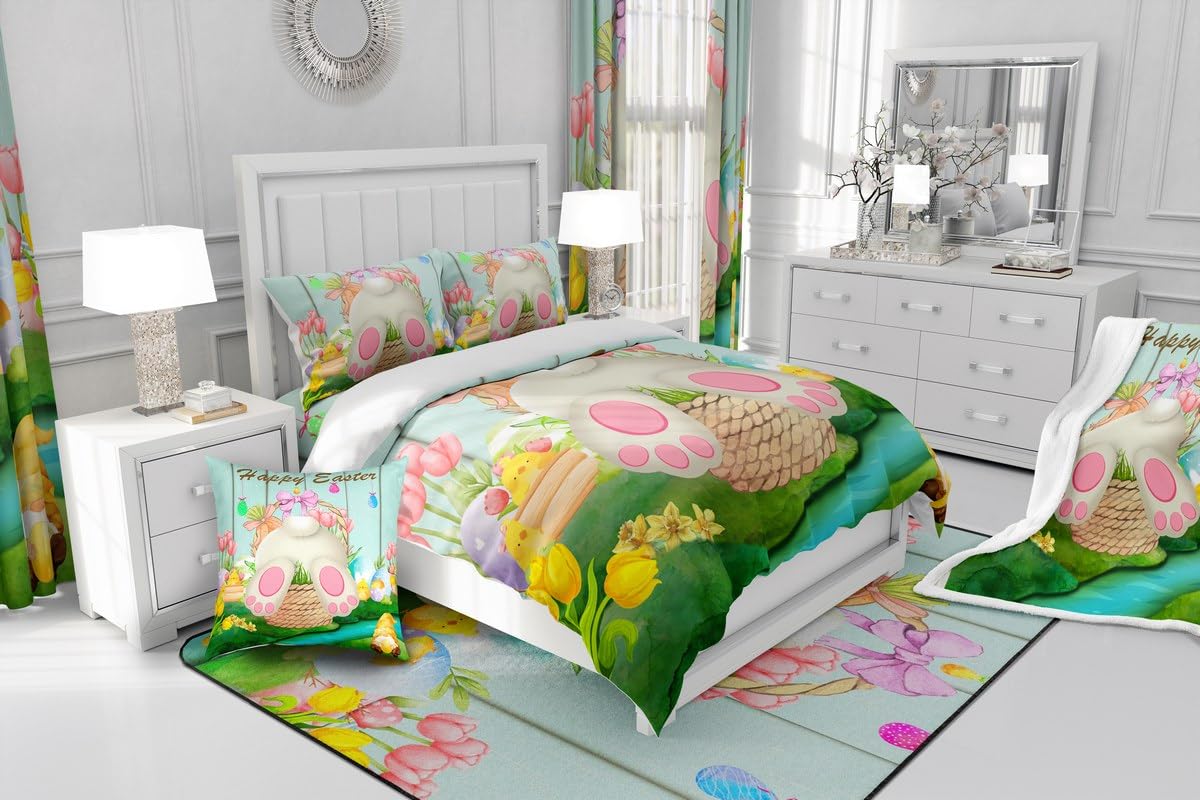 Erosebridal Easter Eggs Duvet Cover Easter Bedding Set,Rabbit Tail Comforter Cover Cute Rabbit Pet Animal Quilt Cover Queen Size Kawaii Greetings and Presents for Easter Day,Easter Baskets for Kids