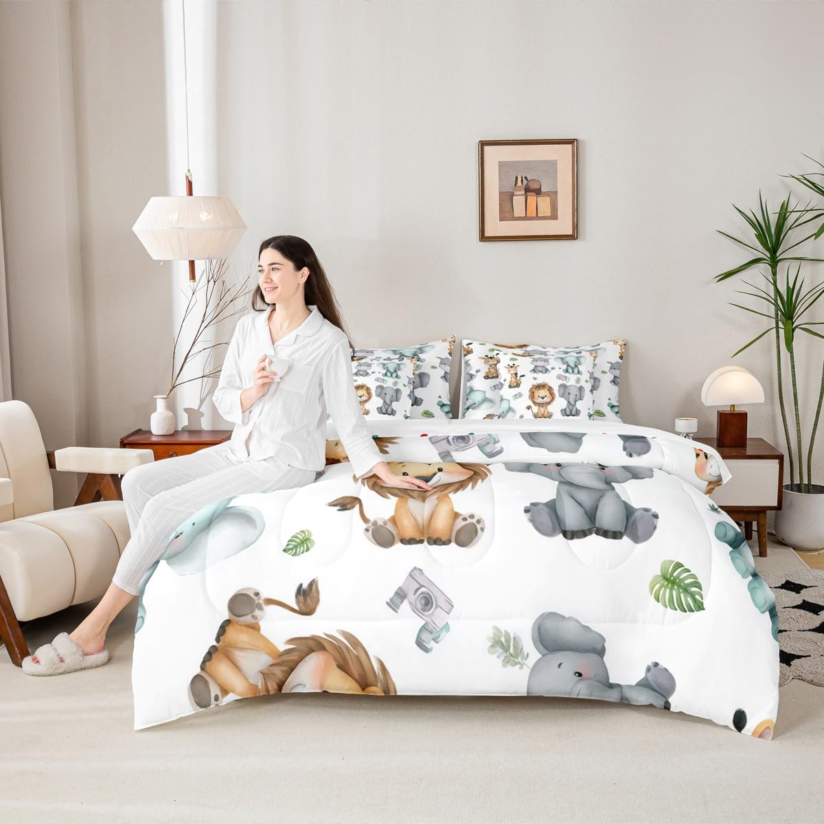 Erosebridal Cartoon Animals 7 Piece Comforter Set Twin for Nursery Child Bedroom | Cute Lion Elephant Hippo Bedding Set Tropical Bed Set Palm Tree Leaves Bed Sheets Kawaii Zoo Wildlife Quilt