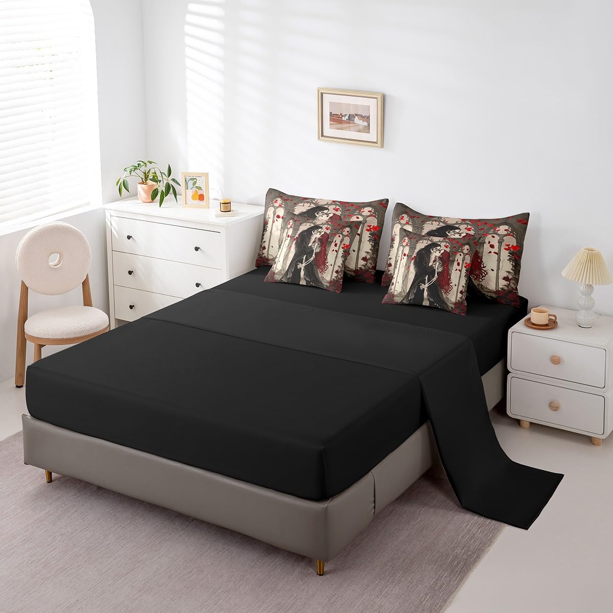 Erosebridal Couple Skull Comforter Set Romantic Valentine's Day 7 Piece Bedding Set Full Size for Adults Men Women,Gothic Skull Skeleton Bed in A Bag Skeleton Lovers Sheet Set with Comforter