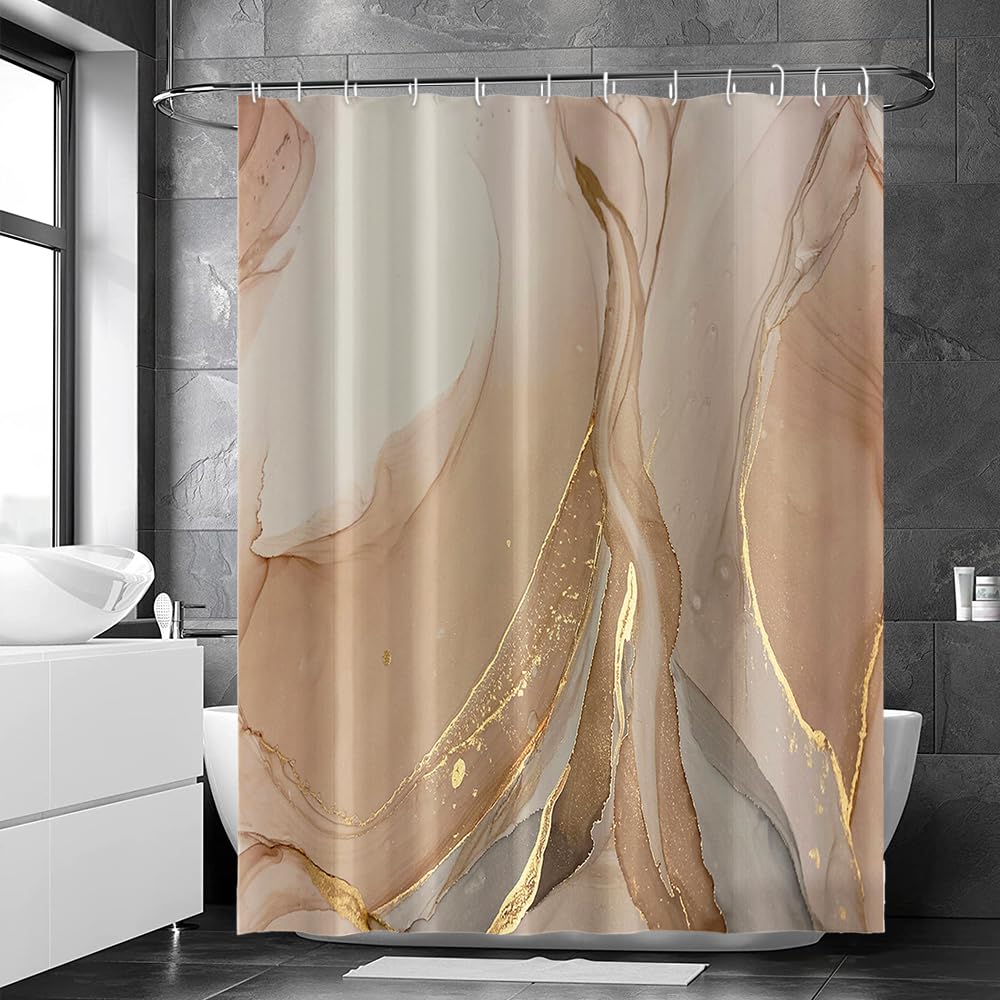 Ruelvth Brown Shower Curtain, Modern Brown Gold Grey Marble Shower Curtain for Bathroom Aesthetic Ink Texture Waterproof Shower Curtain Set with Hooks, 72x72 Inch