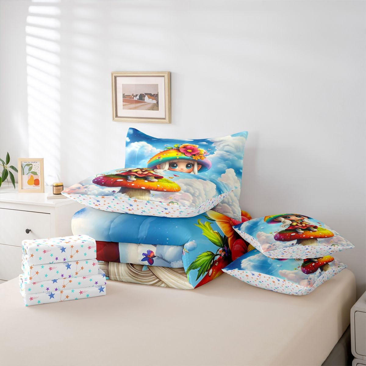 Feelyou Cute Mushroom Decor Comforter Set with Sheets 7 Piece Twin Size Cartoon Mushrooms Bed in a Bag Kids Boys Girls Kawaii Fungus Bedding Set Rainbow Bedroom Decor Breathable Soft Lightweight