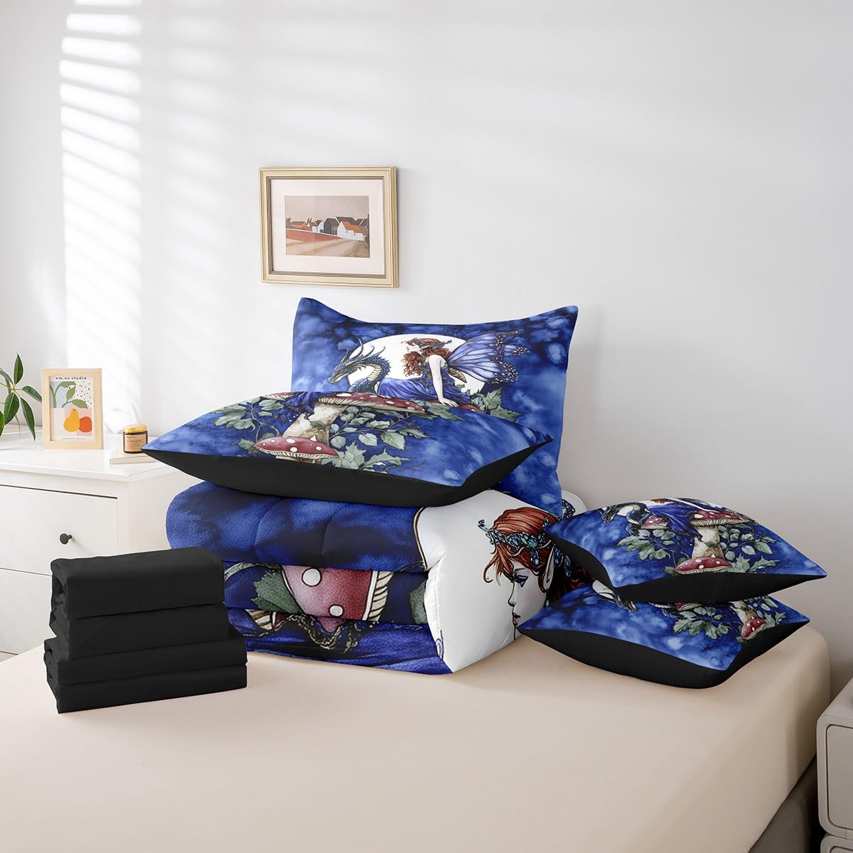 Homewish Queen Size 7 Pieces Bedding Sets Dragon Mushroom Comforter Set Butterfly Fairy Bed Sheet Blue Reversible Printed Quilt Set + Flat Sheet + Fitted Sheet + 2 Pillowcase + 2 Throw Pillow Covers