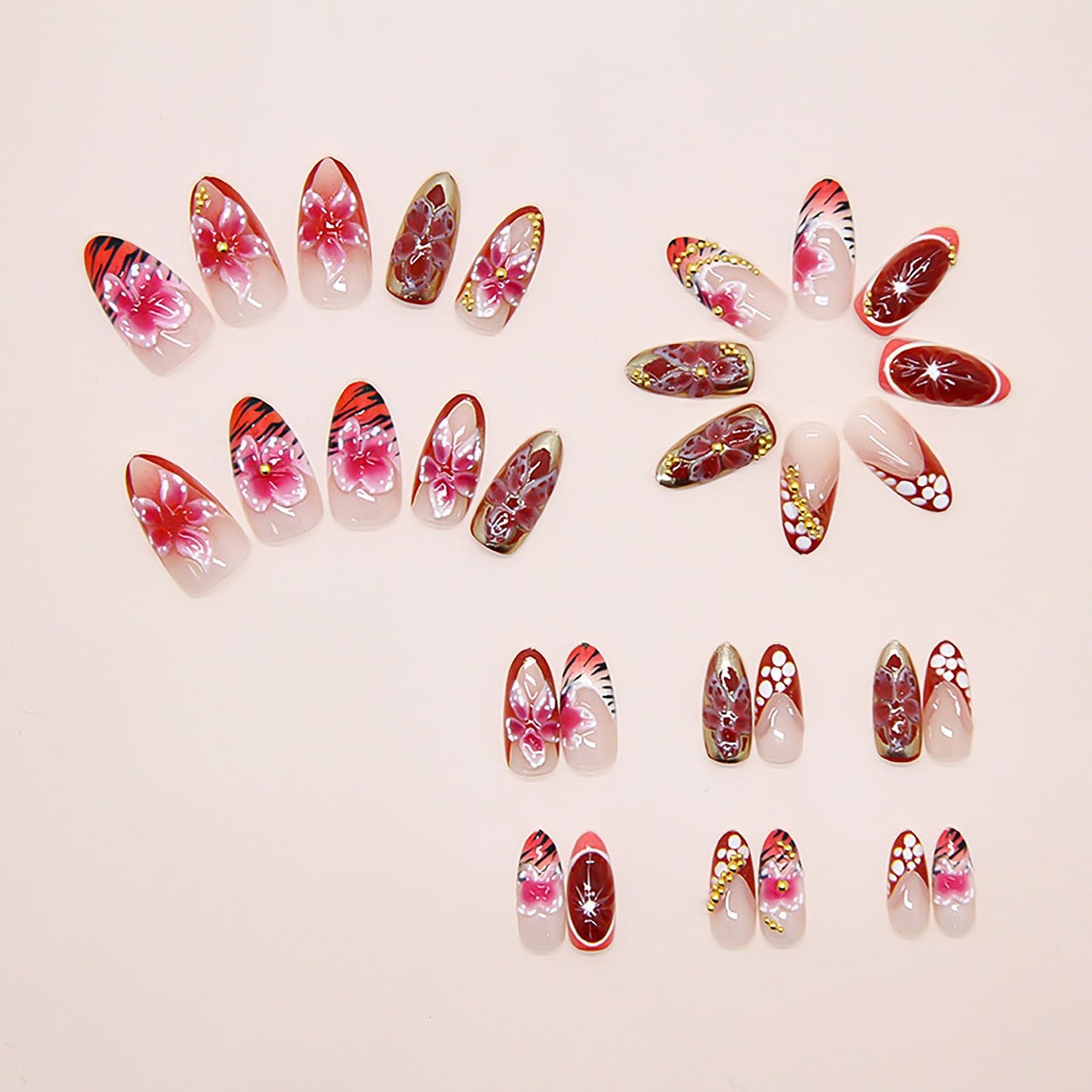 RUOKEXIN Almond Press on Nails French Tip Fake Nails Medium False Nails with Gold Pearl Designs Acrylic Nail Press ons Sparkly Artificial Nails for Women 30Pcs