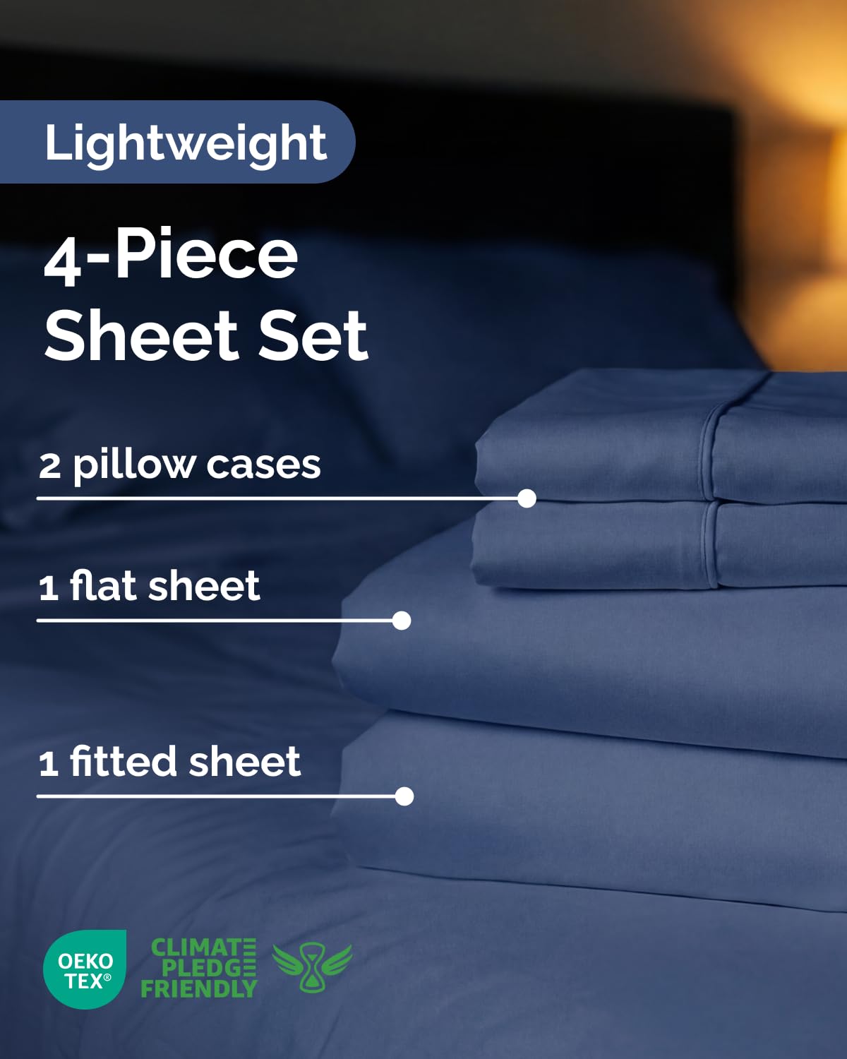 Lightweight 4 Piece Bed Sheet Set Full Size - Cooling Sheets for Hot Sleepers - Soft Breathable Bedding Set w/ 8-16 Inch Deep Pockets - 1 Flat, 1 Fitted & 2 Pillowcases - Wrinkle Resistant - Navy Blue
