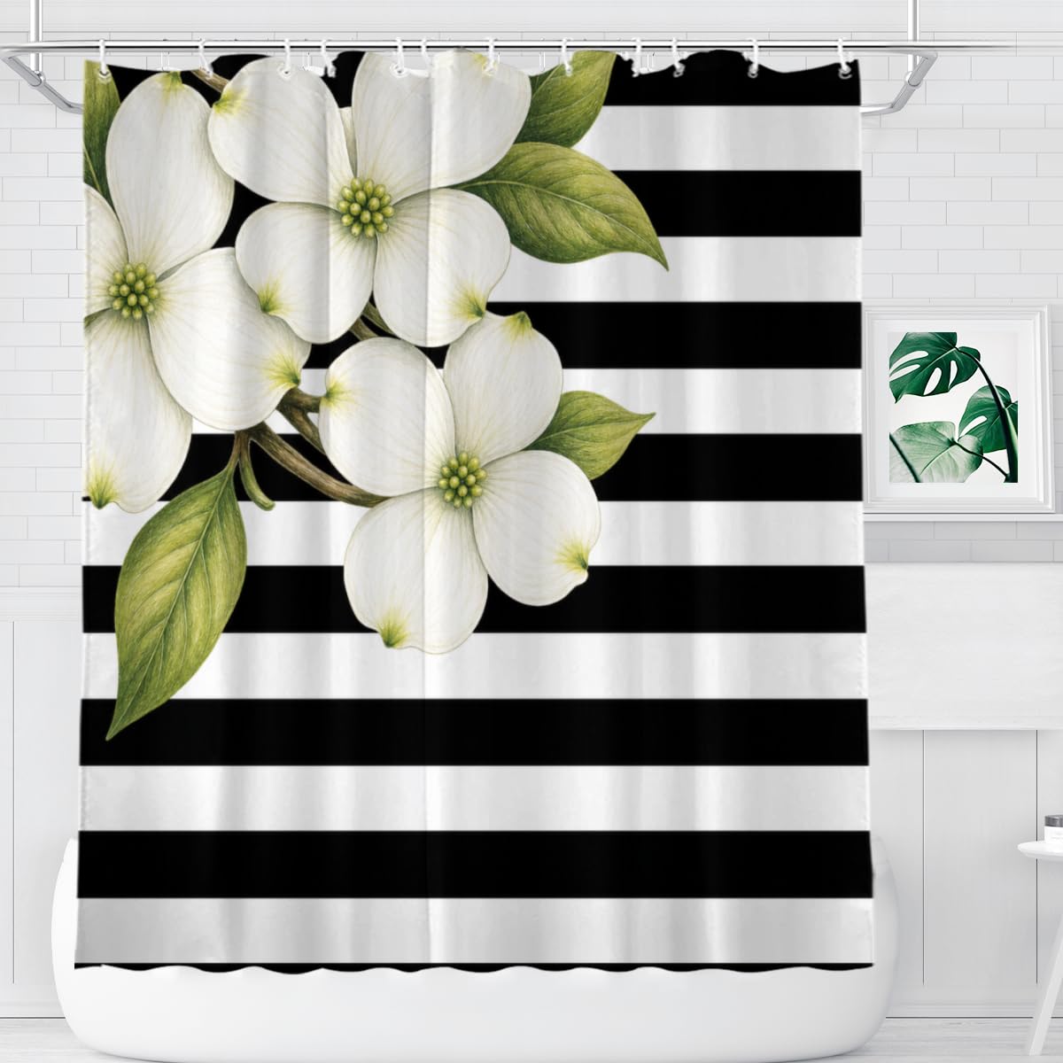 TopPacific White Blossom Stripe Shower Curtain 72x72 Inch Shower Curtain with 12 Hooks Polyester White Blossoms Green Leaves Black White Stripes Bathroom Decor