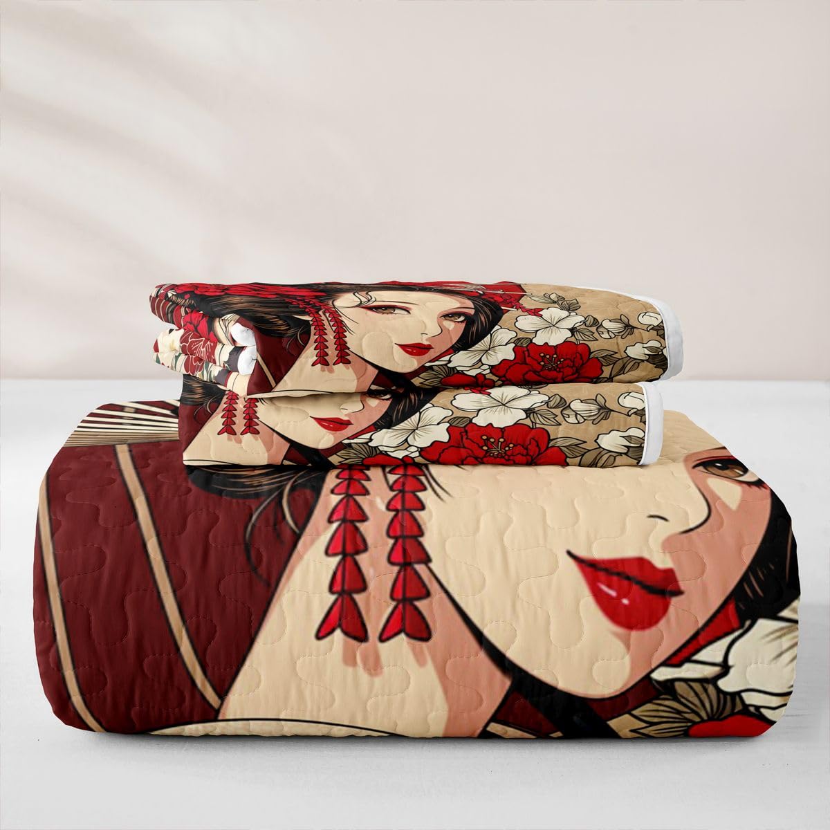 Erosebridal Geisha Quilt Twin Size - Japanese Bedspread Traditional Geisha Bed Coverlet with 1 Pillowcase