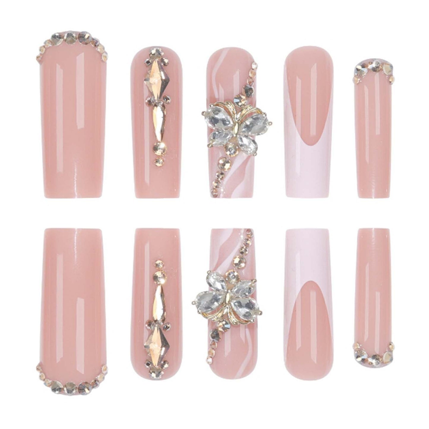 Gifiky Luxury 3D Butterfly Press on Nails Nude Fake Nails French Nails Tips Full Cover Long Square False Nails for Women and Girls 24Pcs