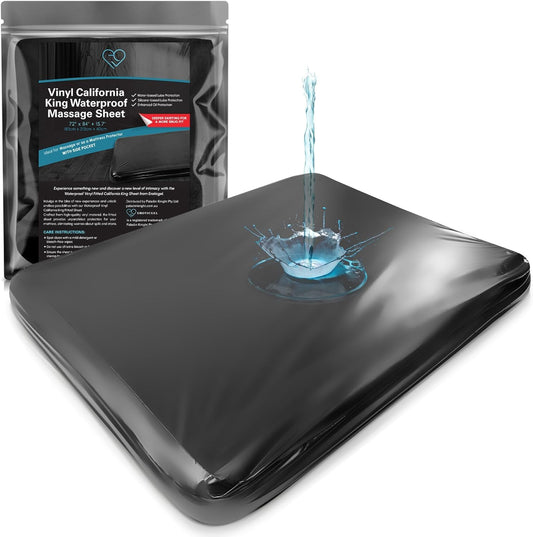 Vinyl Waterproof Fitted Sheet, California King 72 x 84 inches, 15.75" Deep Pocket, Phthalate-Free Black Wipe-Clean Mattress Protector with Side Pocket & Repair Kit, for Massage Oil & Silicone