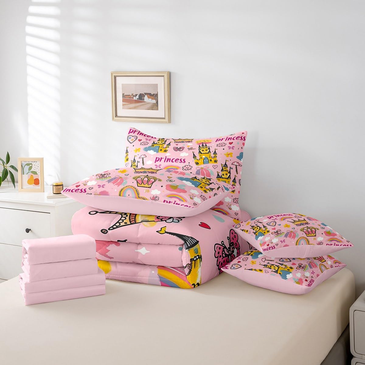 Erosebridal Princess Floral Crown Bedding Set 7Pcs,Yellow Cartoon Castle Comforter Set King for Kids Girls,Rainbow Butterfly Bed in a Bag,Kawaii Cloud Love Heart Quilt