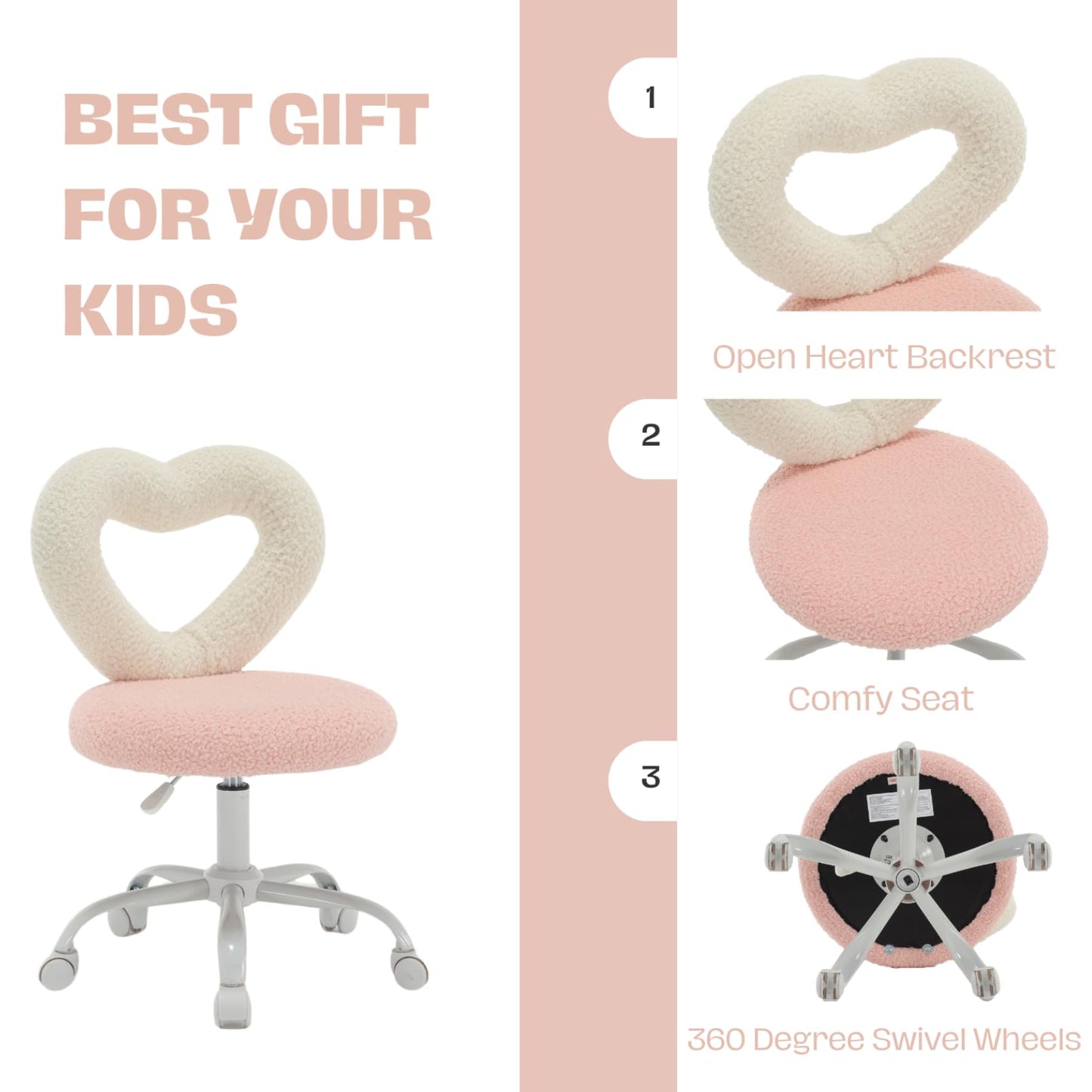 Cute Kids Desk Chairs，360’ Swivel Kids Chairs Computer Chairs with Wheels，Adjustable Heart Children Chair Study Upholstered Vanity Chair Chair for Teen Girls Boys Bedroom Children Gift, Pink