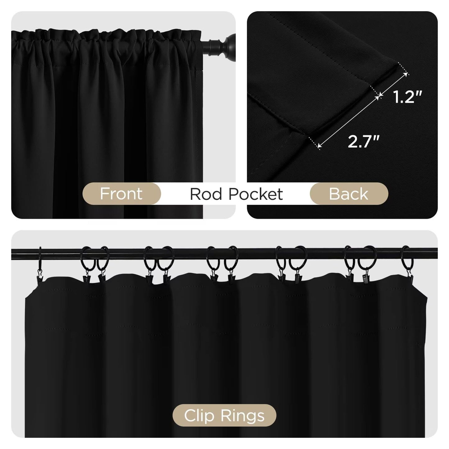 CUCRAF Black Blackout Curtains 84 inch Length 2 Panels Set, Rod Pocket Room Darkening Drapes for Bedroom Living Room, Insulated Thermal Light Blocking Window Curtain (W52 x L84 Inch)