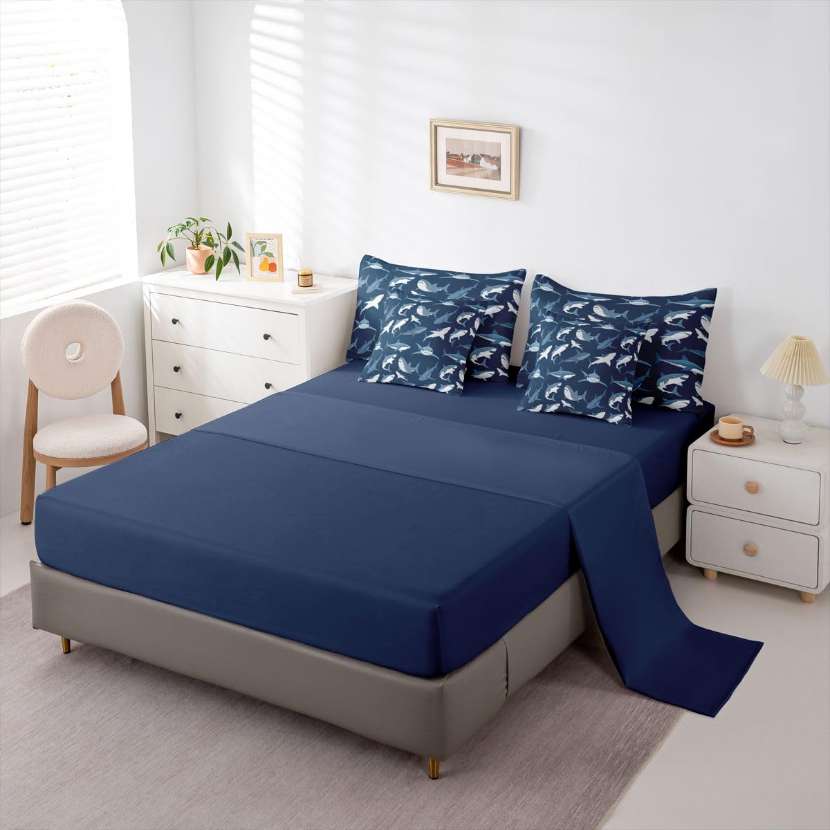 Erosebridal Boys Shark Queen Comforter Set with Sheets Navy Blue Ocean 7 Piece Bedding Set Cartoon Coastal Bed in a Bag, Under Sea Marine Life Sealife Nautical Sea Animal Room Decor