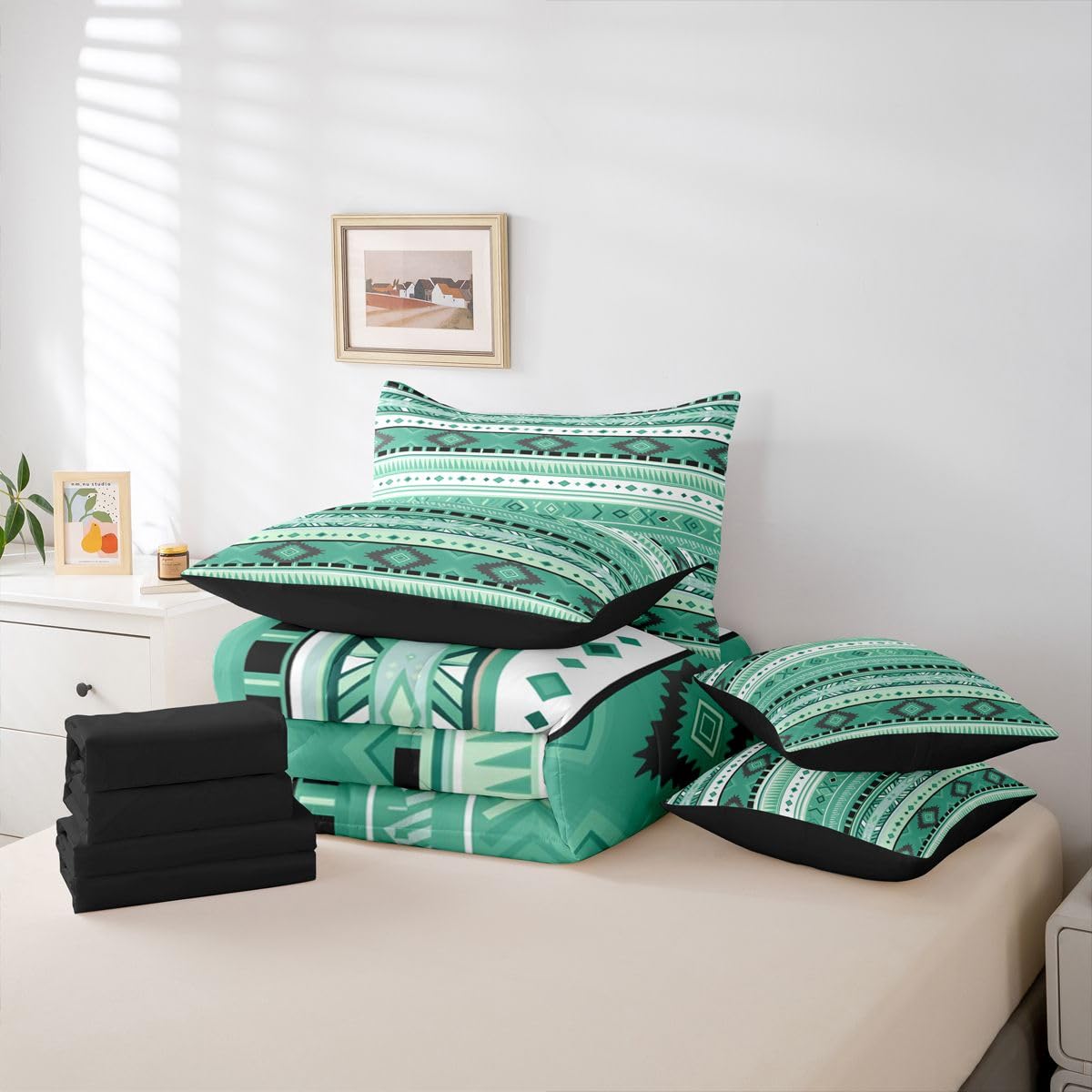 Erosebridal Southwestern Farmhouse White Green Aztec Full Comforter Set 7 Pieces | Bohemian Cowboy Cowgirl Bed in A Bag for Bedroom Tribal Adults Boho Bedding Set with Comforters Geometric Room Decor
