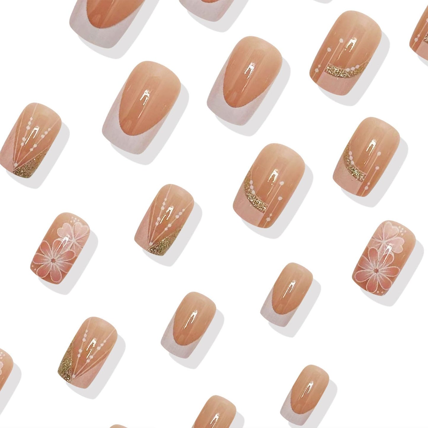 Pink White French Tip Press on Nails Medium Square Fake Nails with Flowers with Pops of Pink and Orange Designs Acrylic Glue on Nails Press ons Glitter Stick on Nails for Women 24Pcs