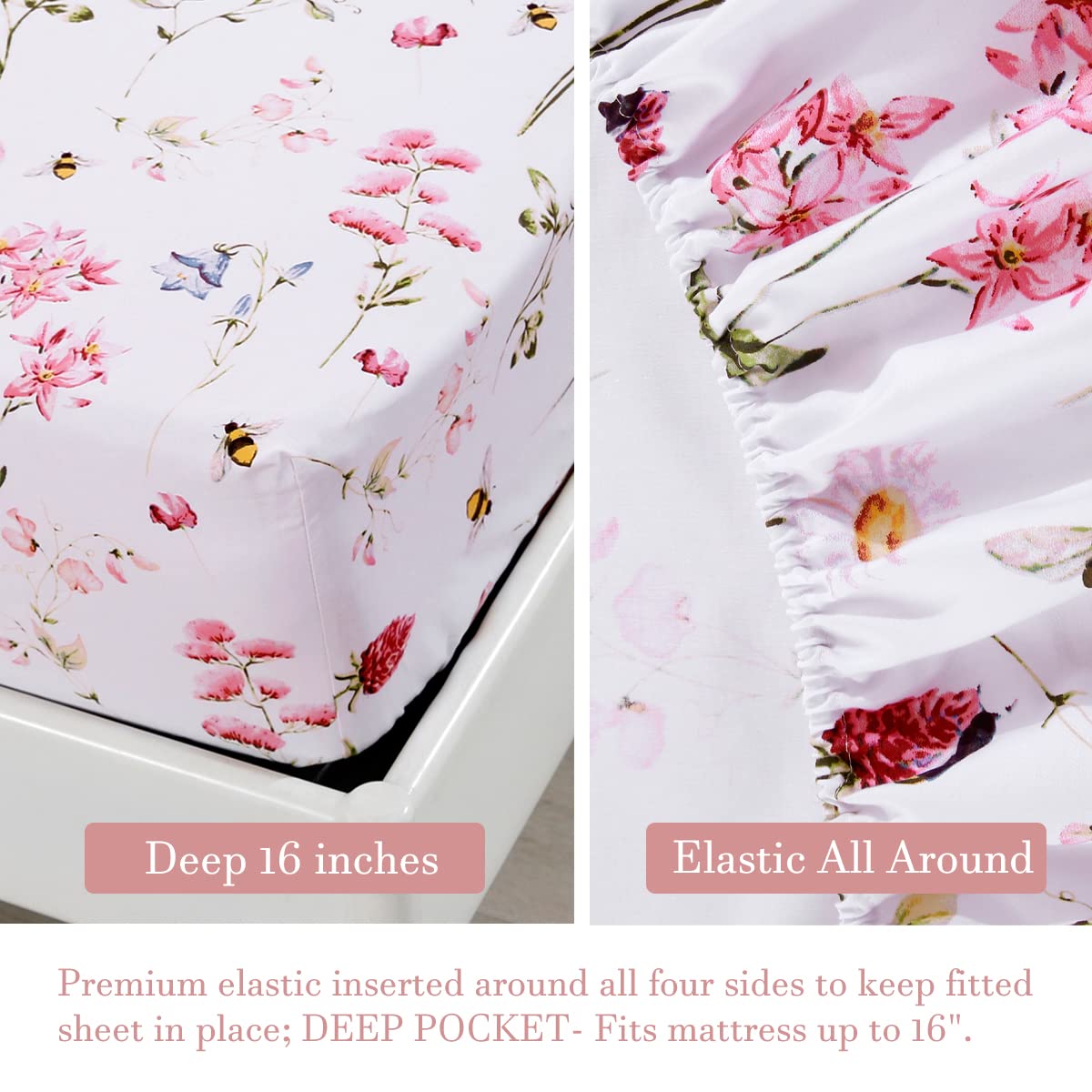 URBONUR Garden Floral Sheets 4 Piece Pink Bees Print Luxury 100% Cotton Bed Sheet Set - Silky & Smooth Bed Set for All Season Bedoom Decor Home Collection (4pcs, Queen, Pink Floral Bee)