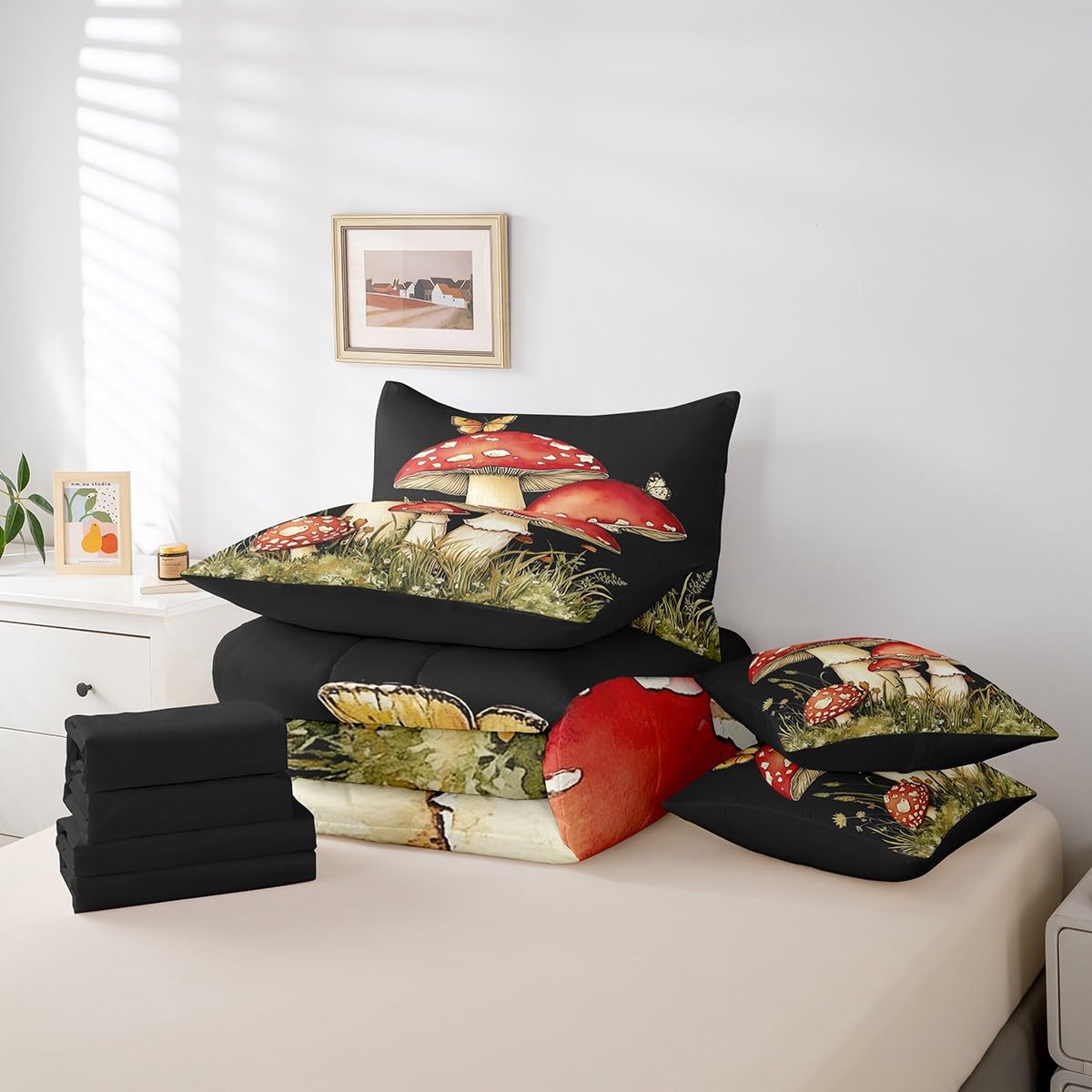 Erosebridal Mushroom Comforter Set King Size,Flying Butterflies Bedding Set for Kids Teens,Cute Red Fungus (Comforter+Fitted+Flat Sheet+2 Pillowcases+2 Throw Pillow Covers) 7 Pieces Bed Set