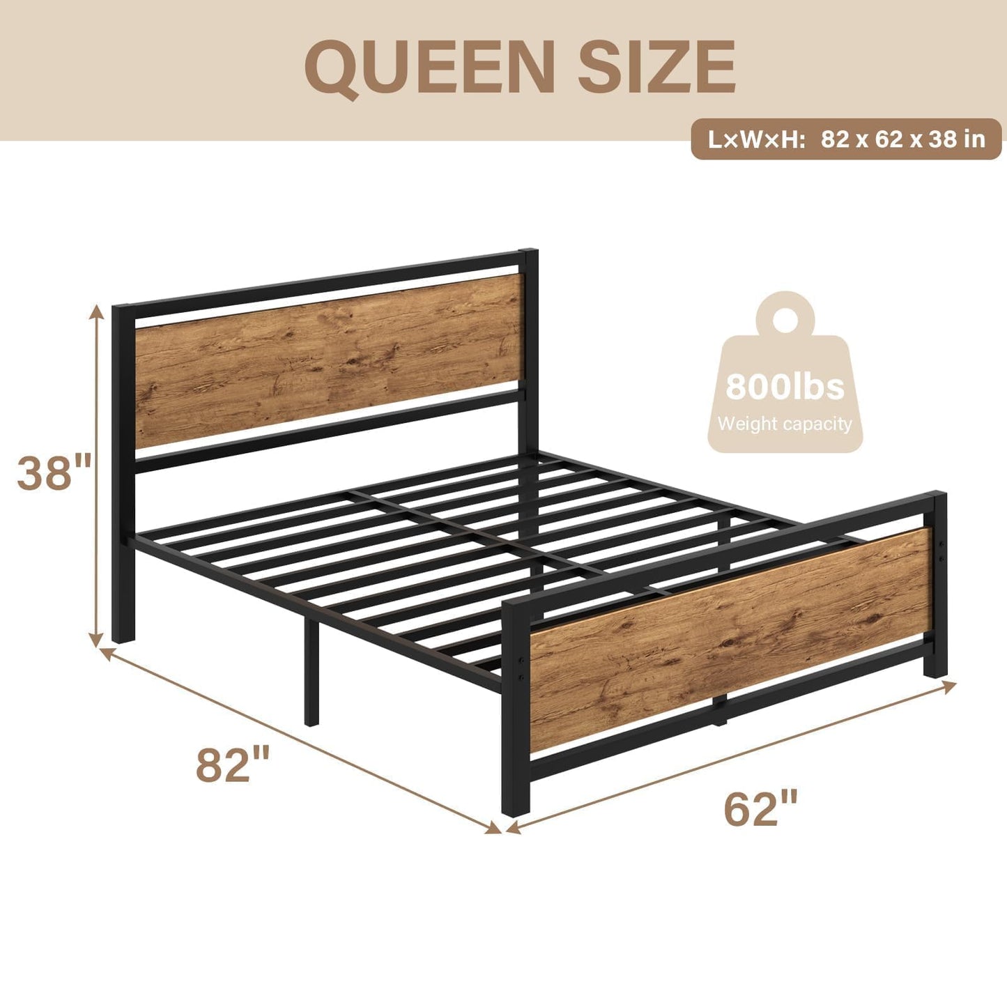 IMMERSTABLE Queen Bed Frame with Headboard, No Box Spring Needed, Sturdy Support Slats, Easy Assembly, Mattress Foundation for Bedroom, Guest Room and Apartment, Black Brown