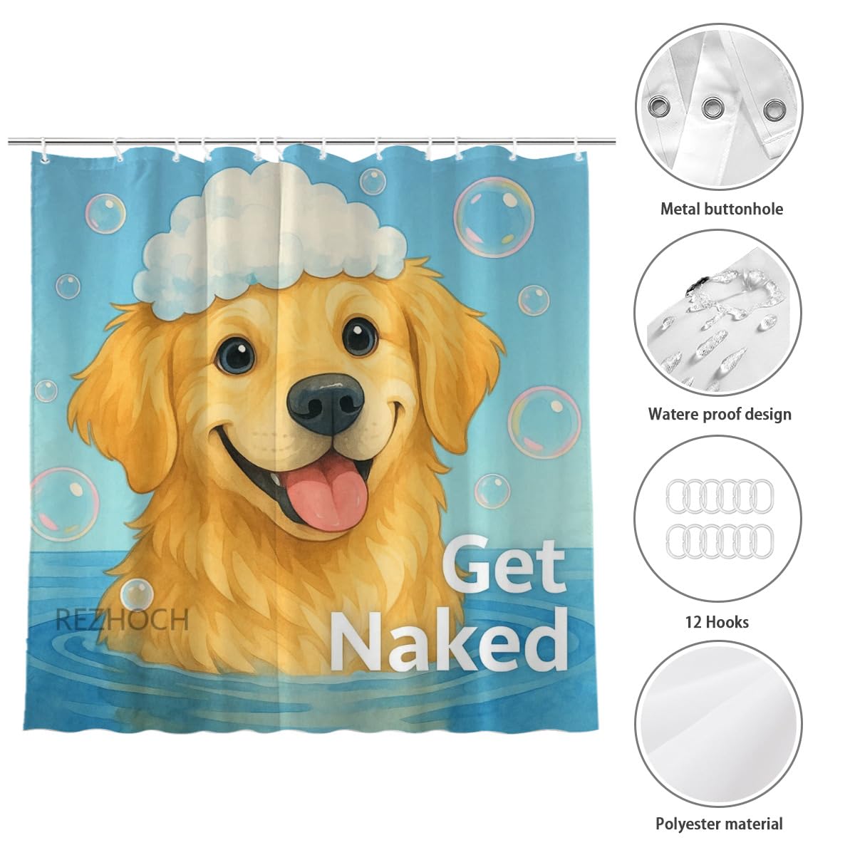 REZHOCH Funny Golden Retriever Shower Curtain Durable Waterproof Fabric Bathtub Sets Cute Animals Bath Time Bubbles Playful Get Naked Art Home Bathroom Decor 72x72inch with 12 Hooks