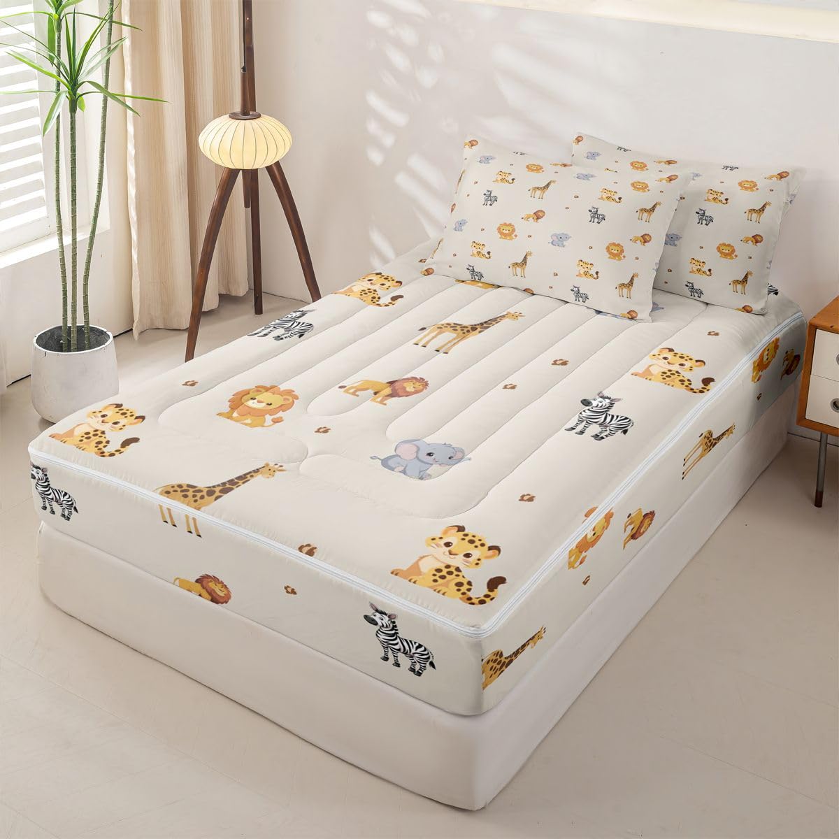Erosebridal Cute Animals Zippable Bedding, Cartoon Giraffe Lion Tiger Wildlife Twin Size Comforter Set, Kids Zoo Wild Animals Sheets and Pillowcases, Elephant Zebra Woodland Zipper Bedding Set