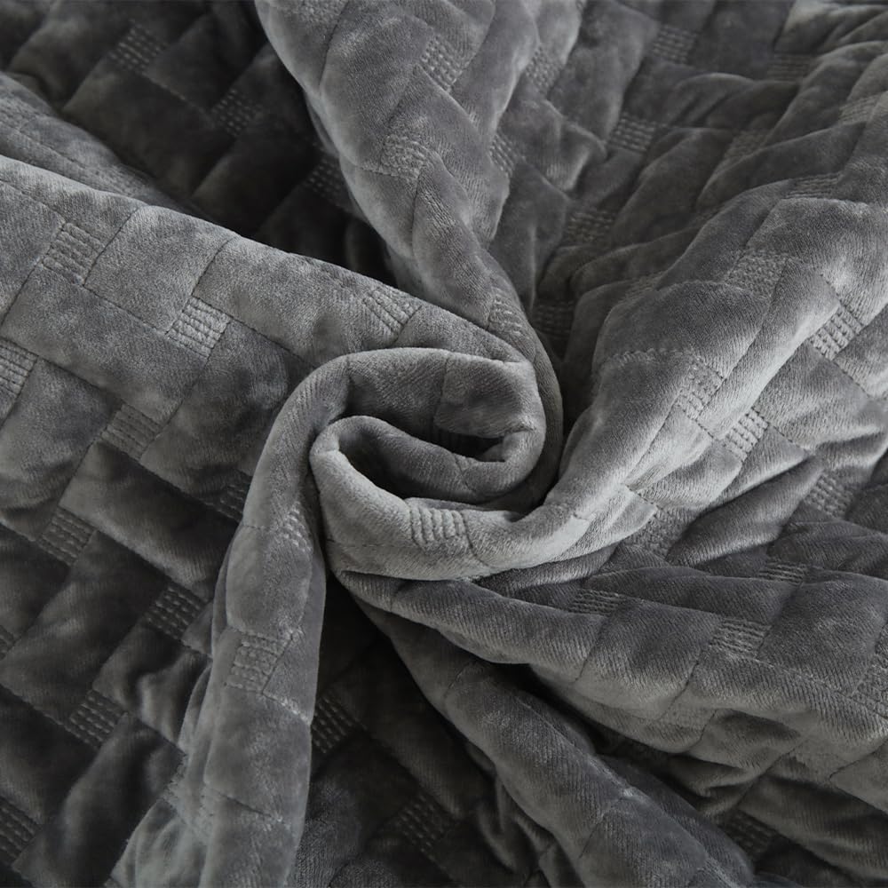 Liians Velvet Bedspread Quilt Bedding Sets,Luxury Elegant Ultra Soft Velvet Comforters Coverlet Blankets,Weave Stitching Pattern Cotton Quilted Bedspread for All Seasons,Grey,King Size