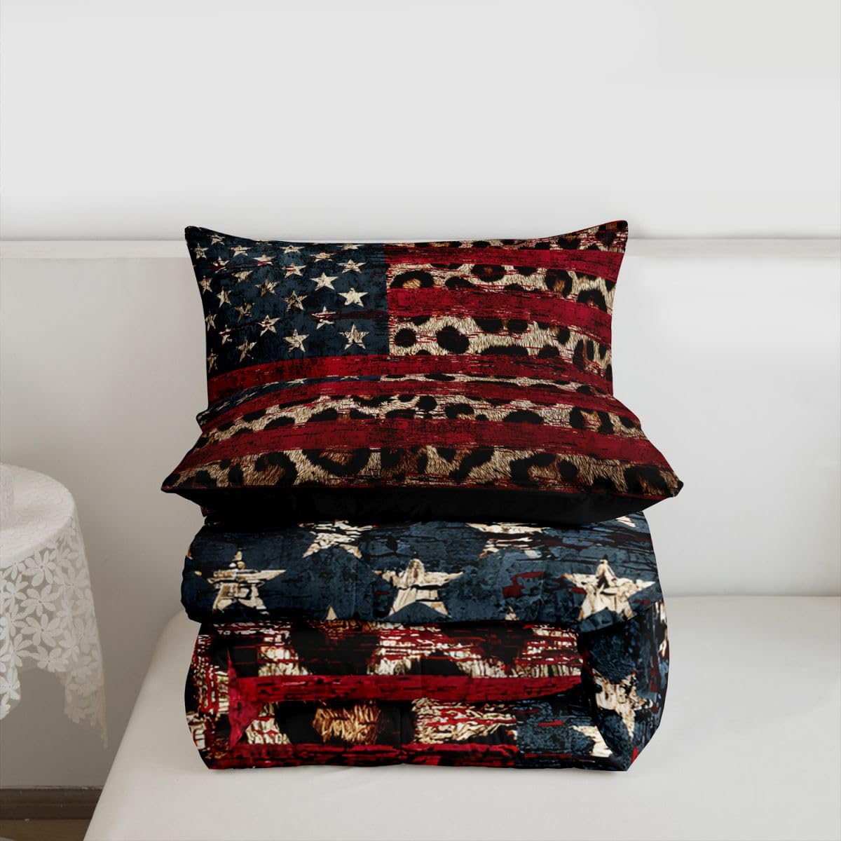 jejeloiu Leopard Print Bedding Set Soft for Boys Girls, American Flag Comforter Set Queen Size Cheetah Print Duvet Quilt Microfiber Modern Art Bedroom Decor 3 Pcs with 2 Pillow Cases