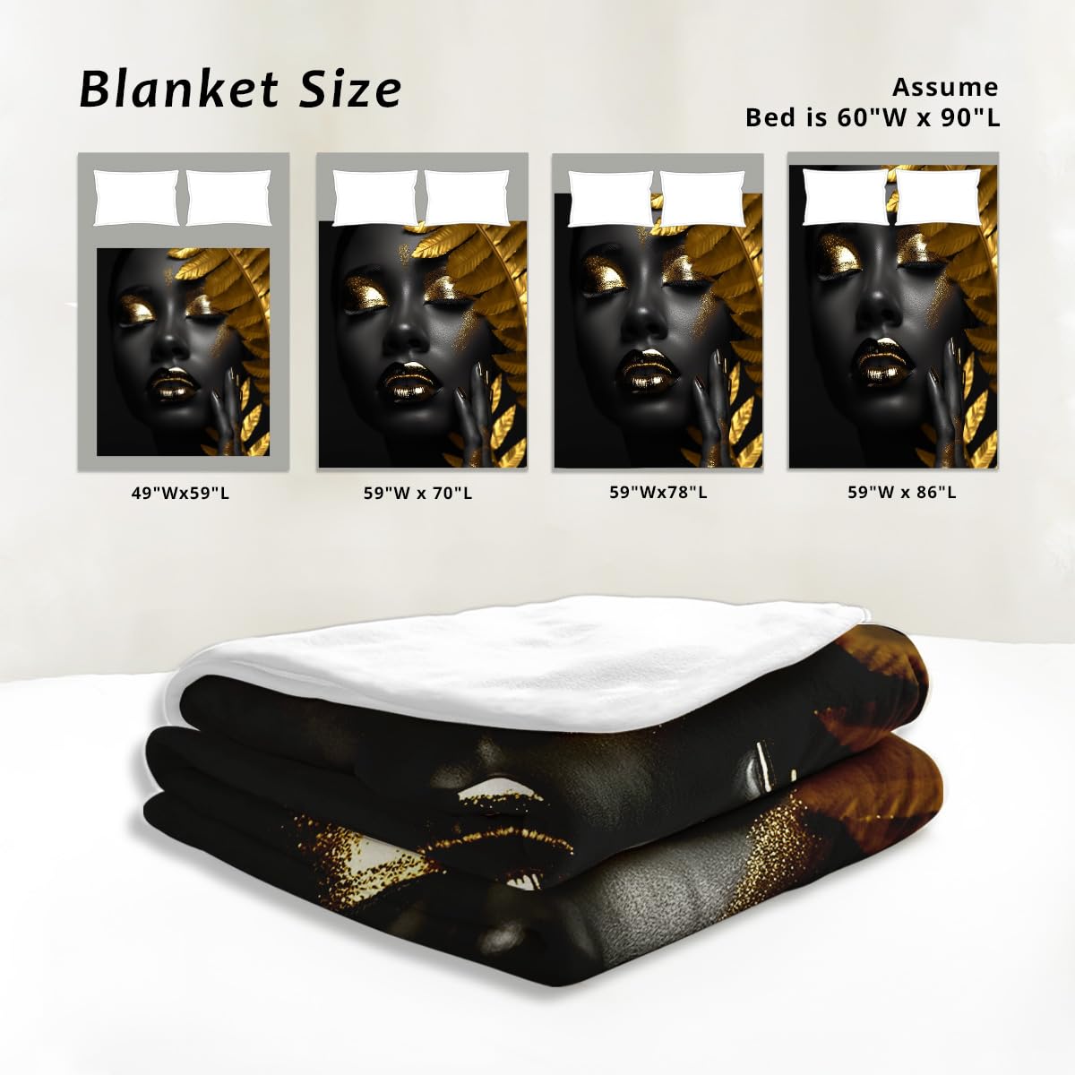 HUNXIAOJ African American Woman Blanket Throw Black Gold Print Flannel Blanket Gifts for Girls Female Women African American Couch Bed Living Room Home Decor 49"x59"