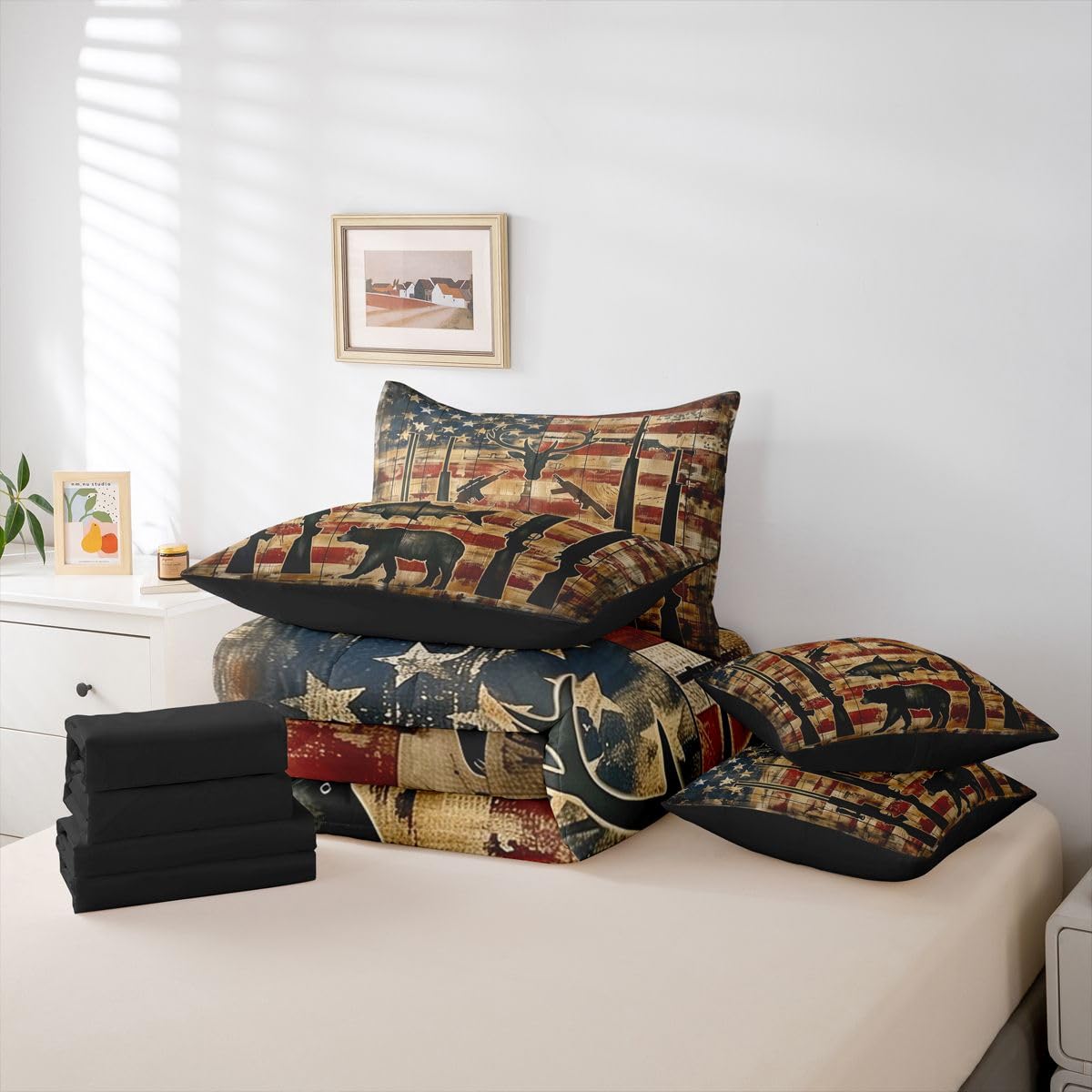 Erosebridal Shotgun 7 Piece Bedding Set Queen American Flag Comforter Set with Sheets Bear Bass Deer Head Hunting Theme Bed in a Bag Board Stars Print Red Blue for Teens Men Women