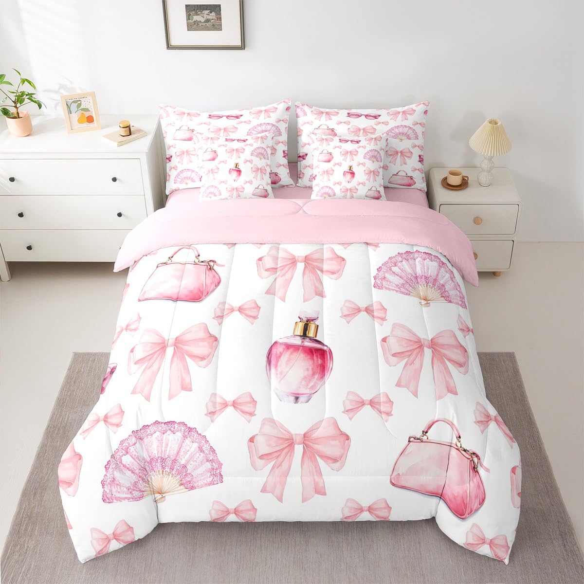 Erosebridal 7 Pcs Bowknot Girls Kids Comforter Set King Bed in a Bag,Girly Makeup Theme Bedding Set,Dreamy Princess Style Sheet Set,Perfume Beauty Duvet Insert,Valentine Bow Quilt for Girlfriend