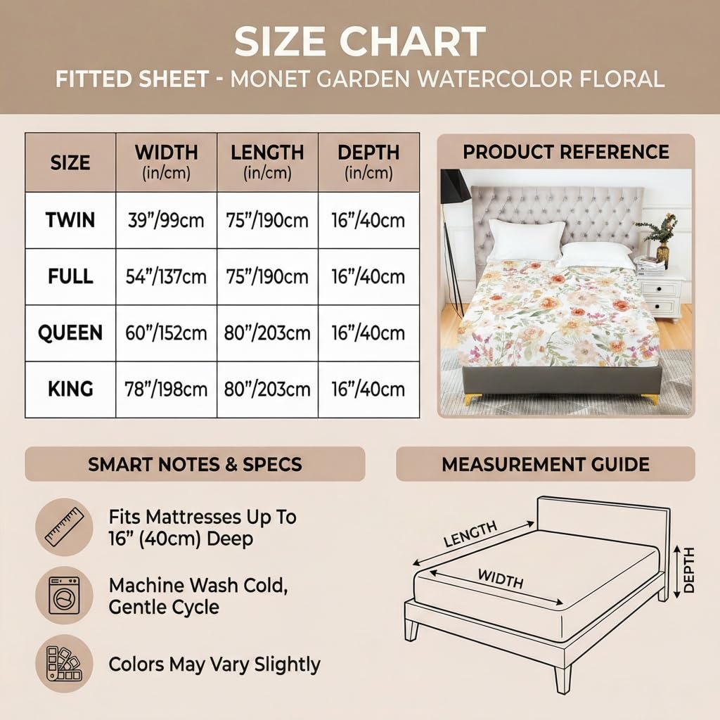 YIYEA Floral Fitted Sheet Only, Premium Double Brushed Microfiber Deep Pocket Fitted Sheet Queen Size, Ultra Soft Fitted Bottom Sheet, Shrinkage, Fade Resistant, Queen