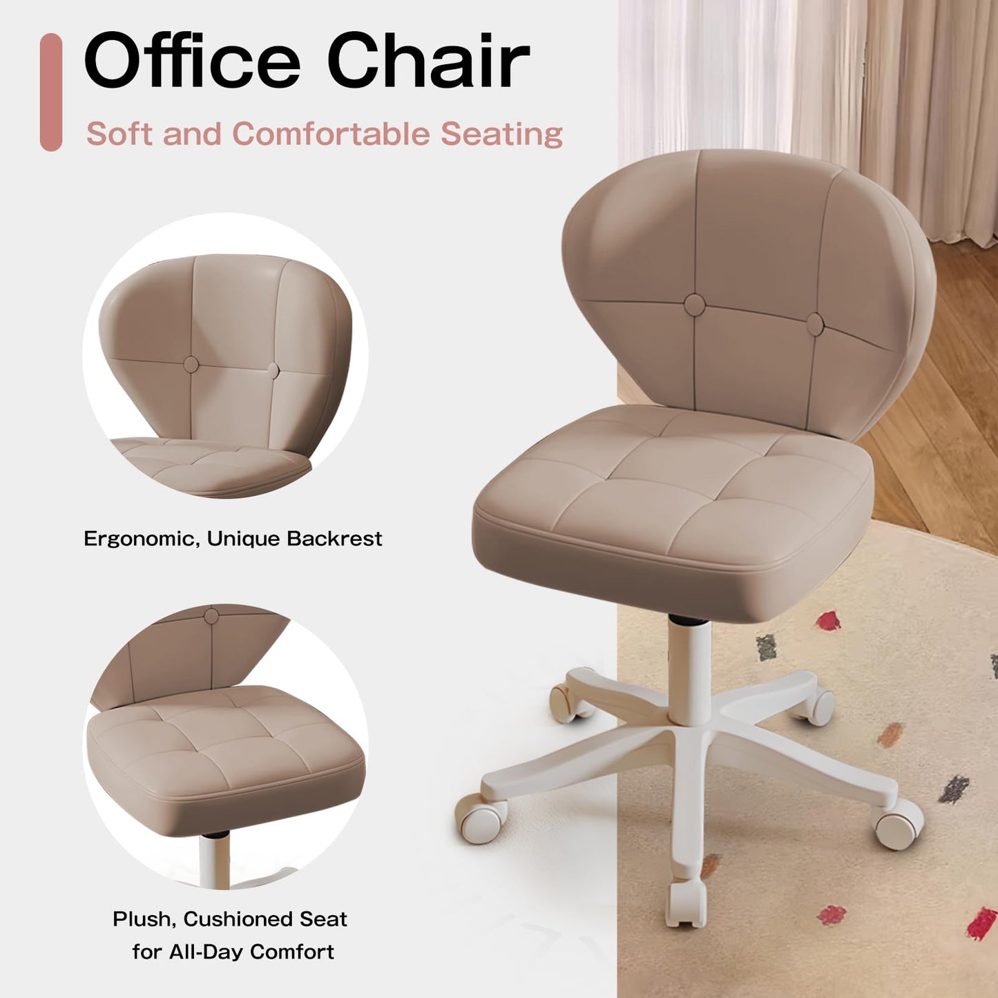 Timbertouch Small Office Chair with Lumbar Support, PU Leather Armless Swivel Desk Chair Adjustable Height, Compact Rolling Chair for Home Office, Bedroom, Study Khaki