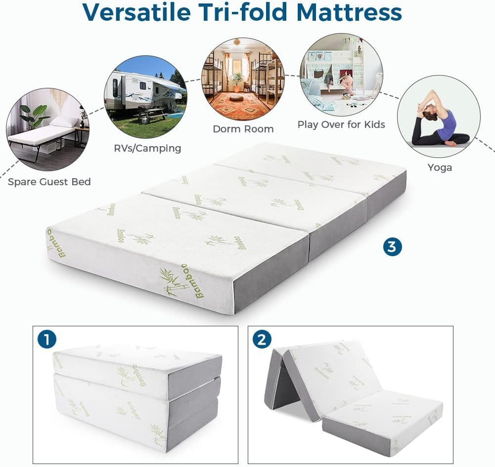 Inofia 6 Inch Tri Folding Mattress, Trifold Memory Foam Single Mattress with Ultra Soft Breathable Removable Cover, Foldable & Portable Single Size Bed (75" x 25" x 6")