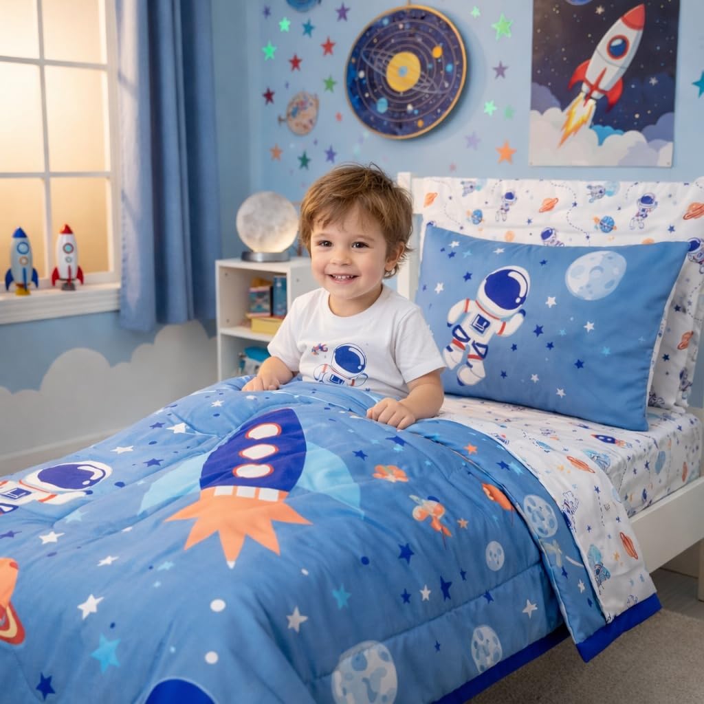 EVERYDAY KIDS 4 Piece Toddler Bedding Set - Outer Space Adventures - Includes Comforter, Flat Sheet, Fitted Sheet and Reversible Pillowcase