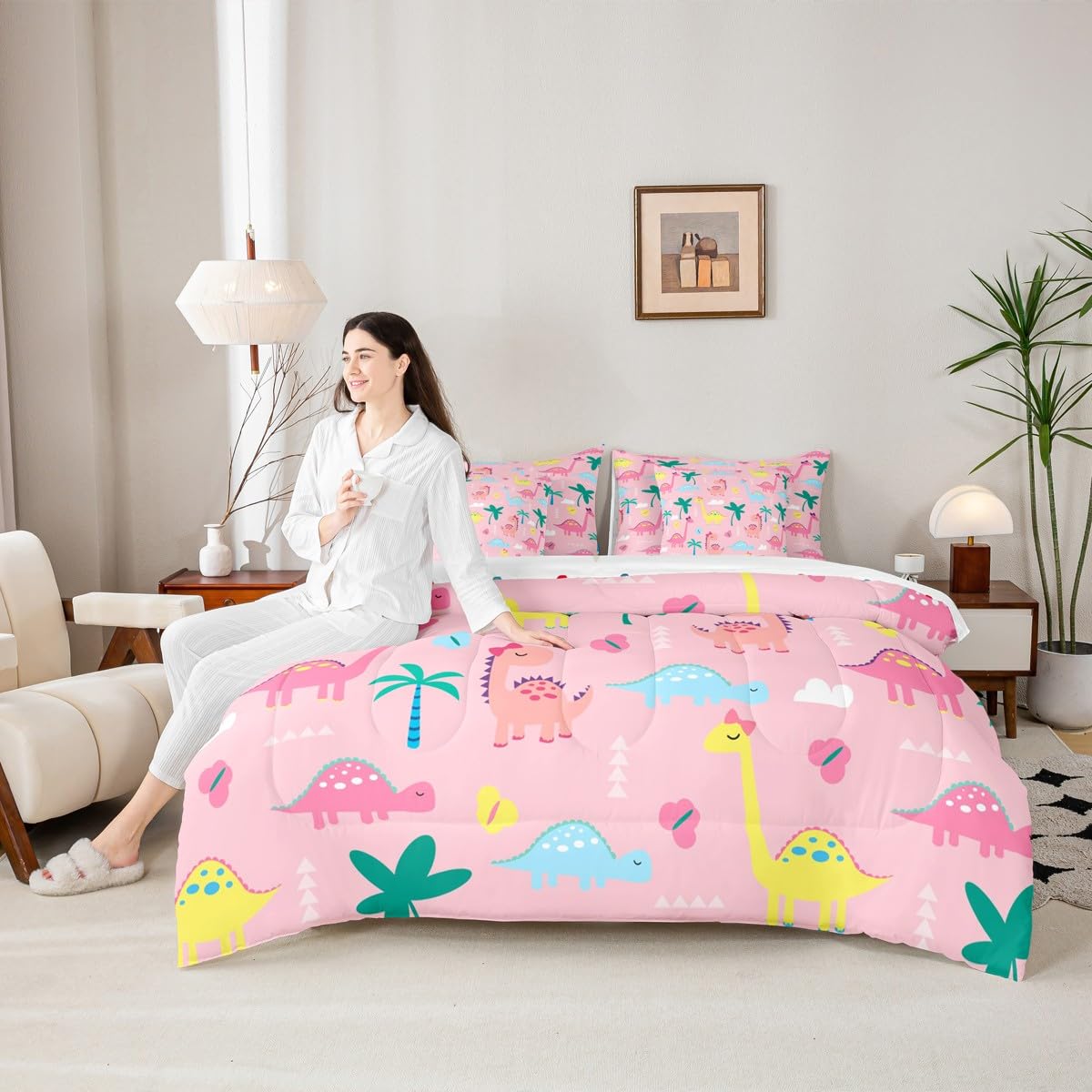 Erosebridal Pink Dinosaur Twin Size Comforter Set with Sheets | Kawaii Palm Leaves Botanical Eucalyptus 7-Piece Bedding Set Jungle Safari Cute Animals Bed in a Bag Colorful Butterfly Bed Quilt Sets